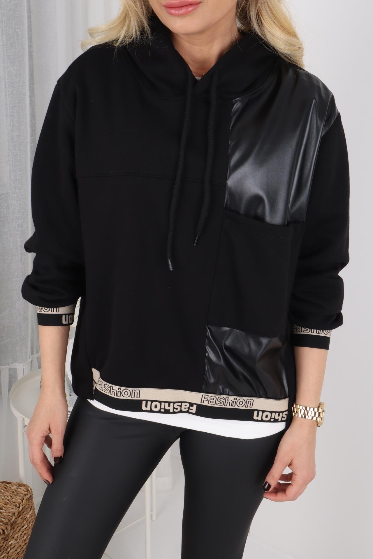 Siyah Deri Detay Kapişonlu Sweatshirt SWEATSHİRT