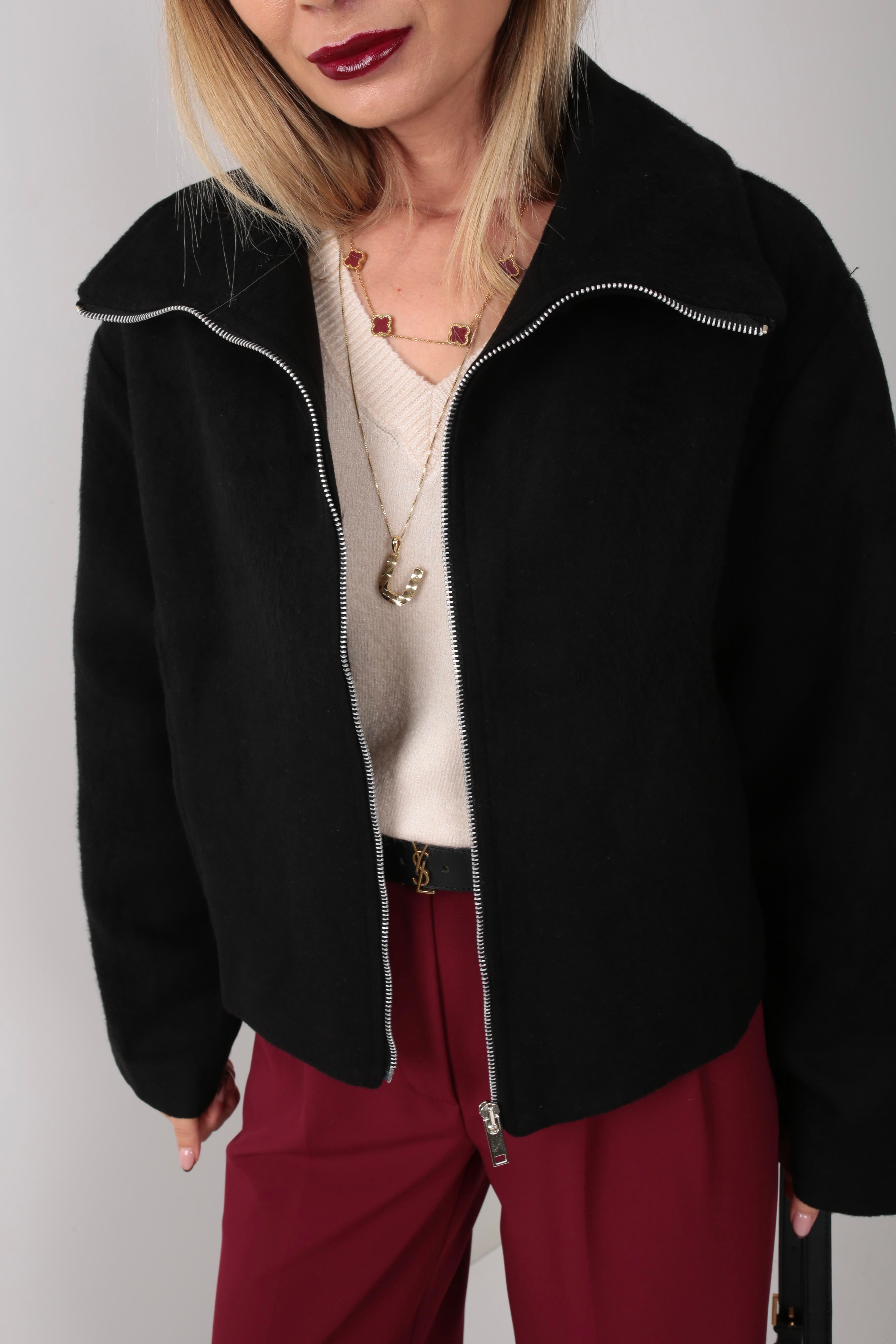 Siyah Dik Yaka Fermuarlı Kısa Kaşe Ceket CEKET