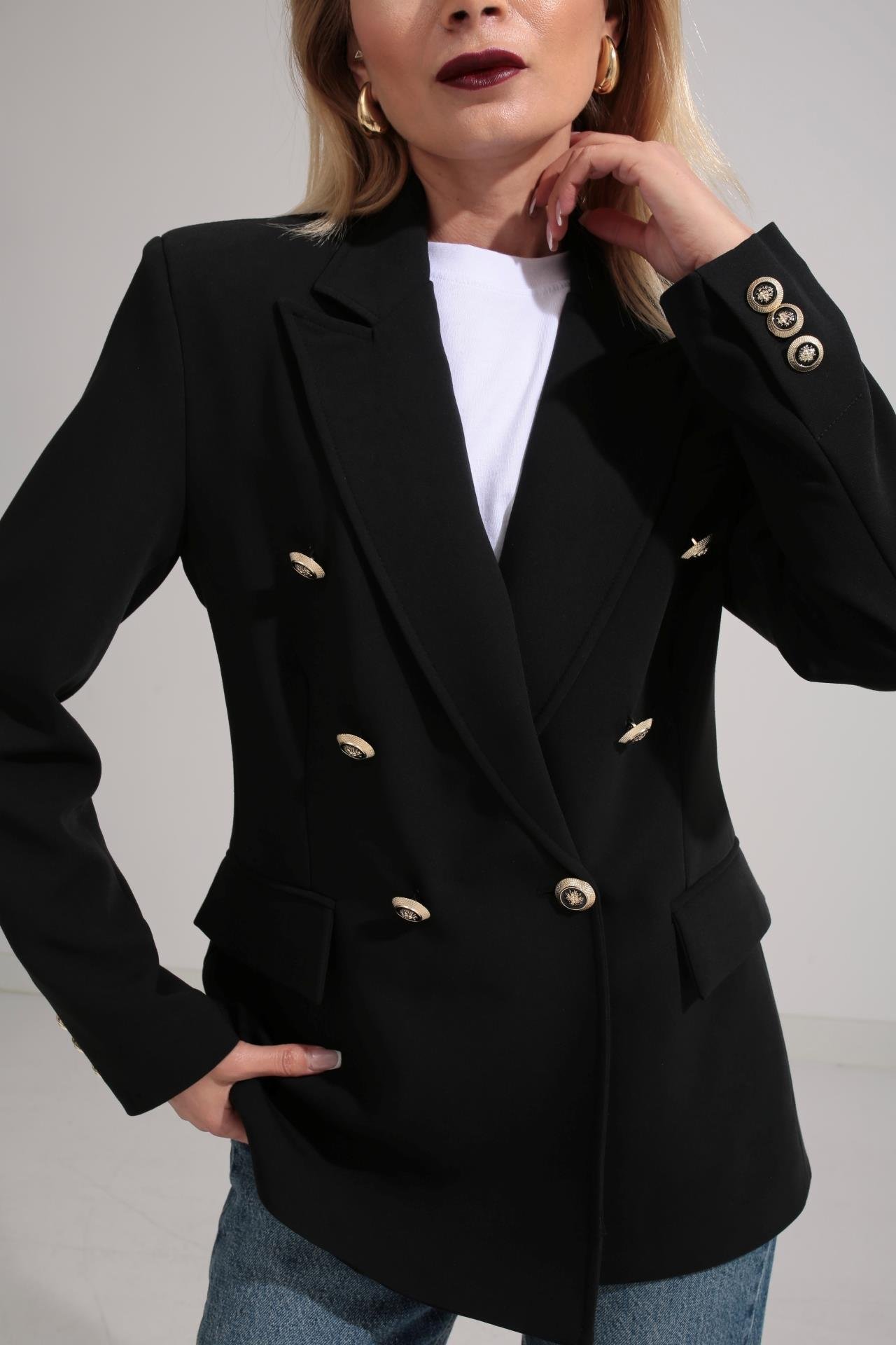Siyah Gold Düğme Kruvaze Blazer Ceket CEKET