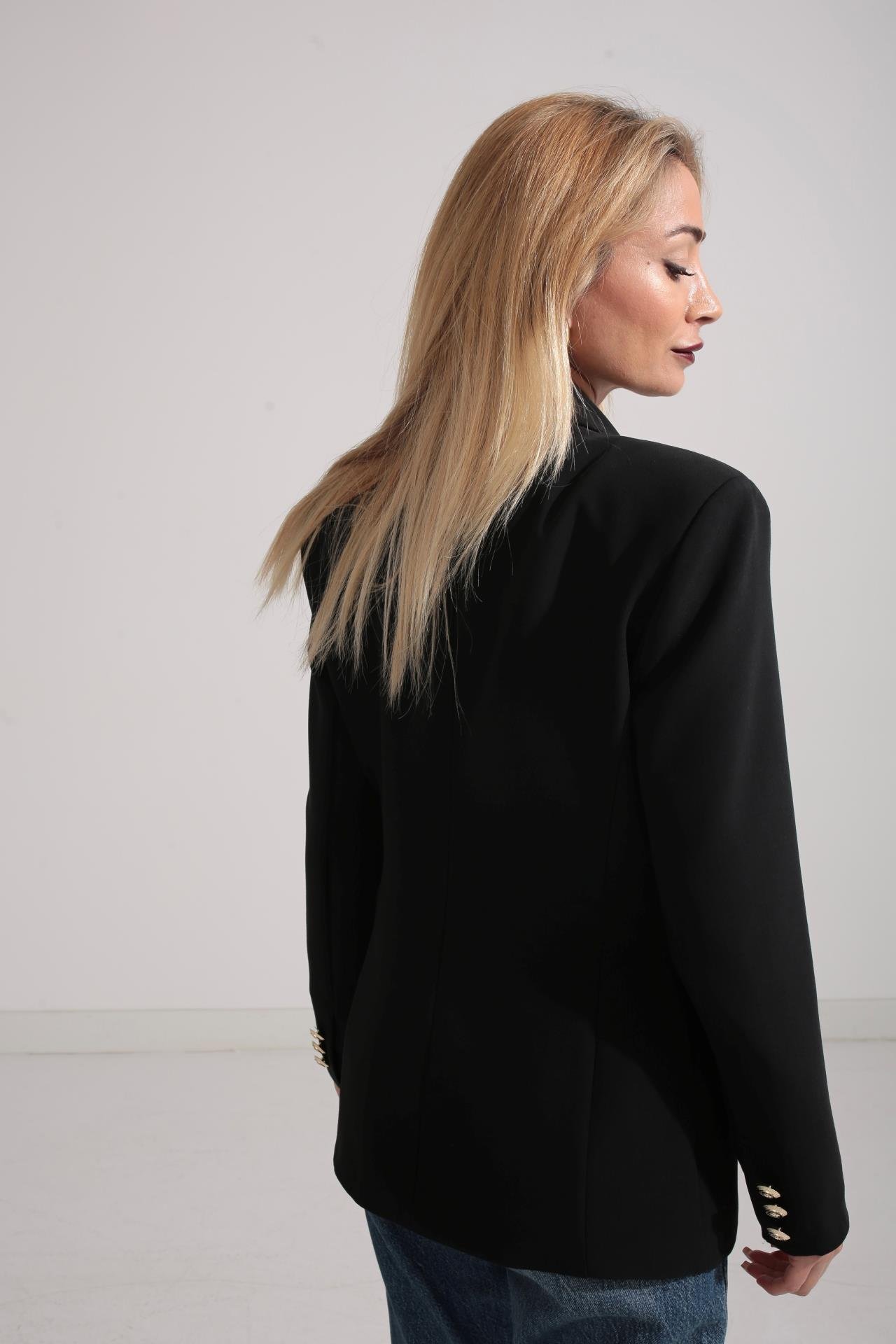 Siyah Gold Düğme Kruvaze Blazer Ceket CEKET