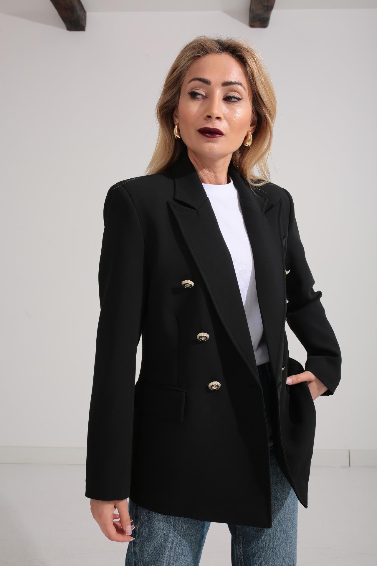 Siyah Gold Düğme Kruvaze Blazer Ceket CEKET