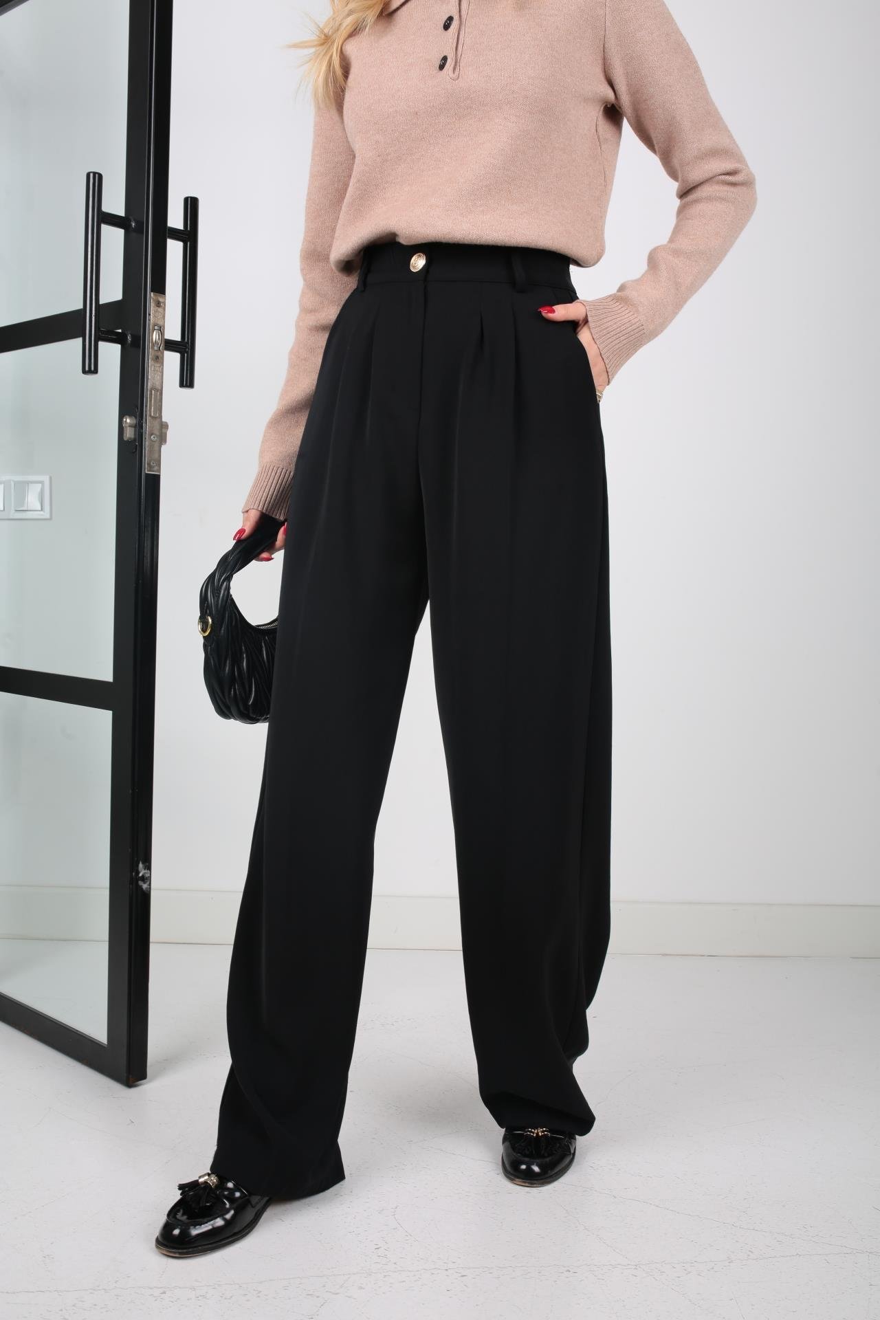 Siyah Gold Düğmeli Yarım Lastik Palazzo Pantolon PANTOLON