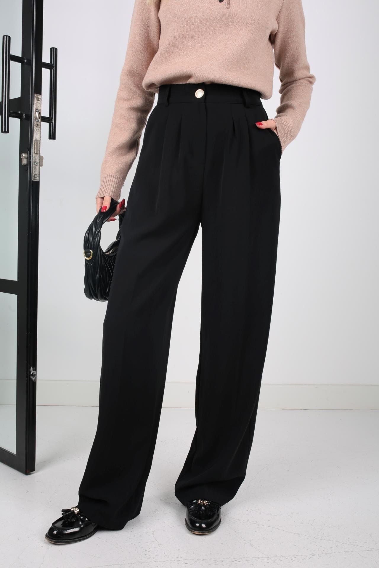 Siyah Gold Düğmeli Yarım Lastik Palazzo Pantolon PANTOLON