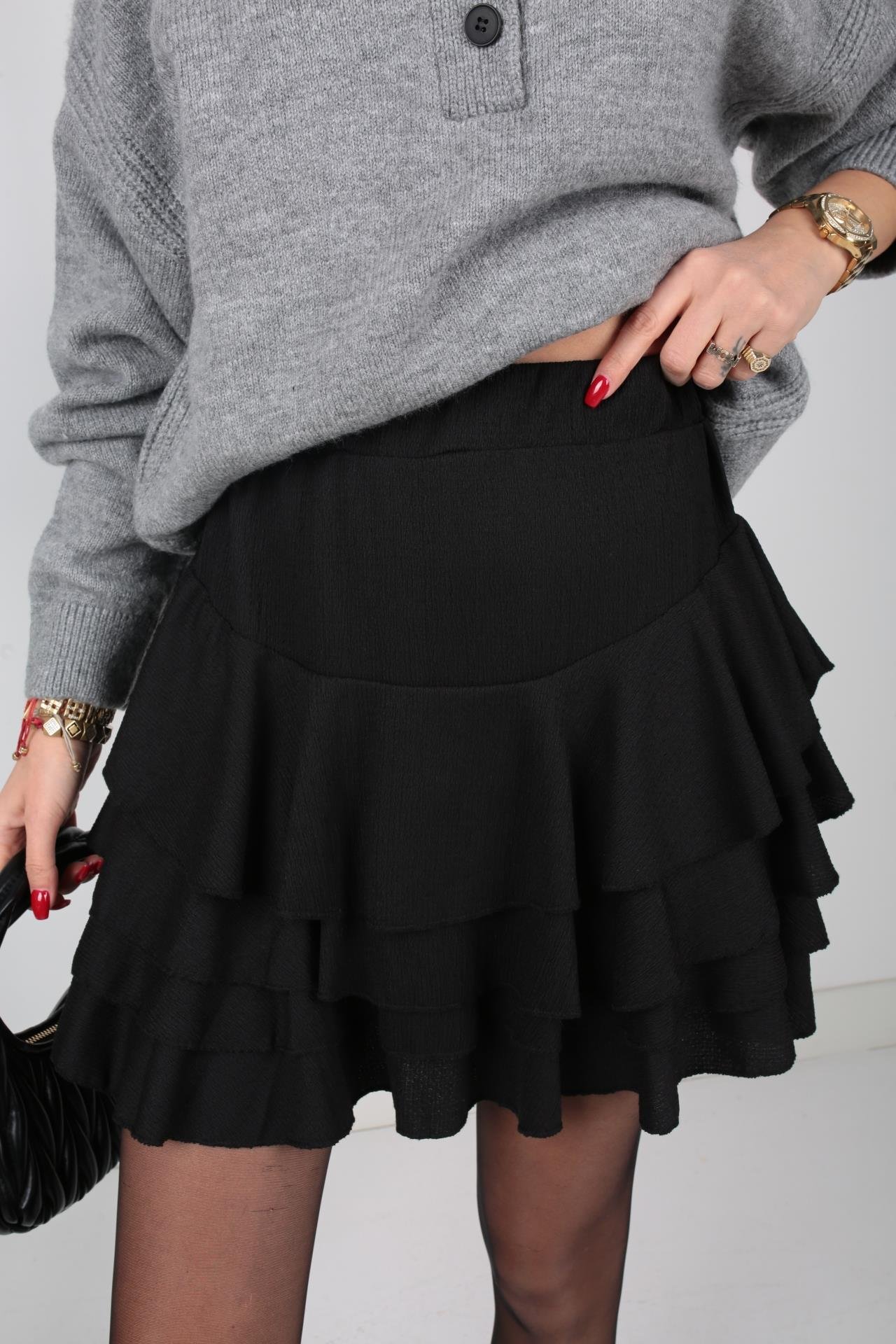 Siyah Katlı Mini Etek ETEK