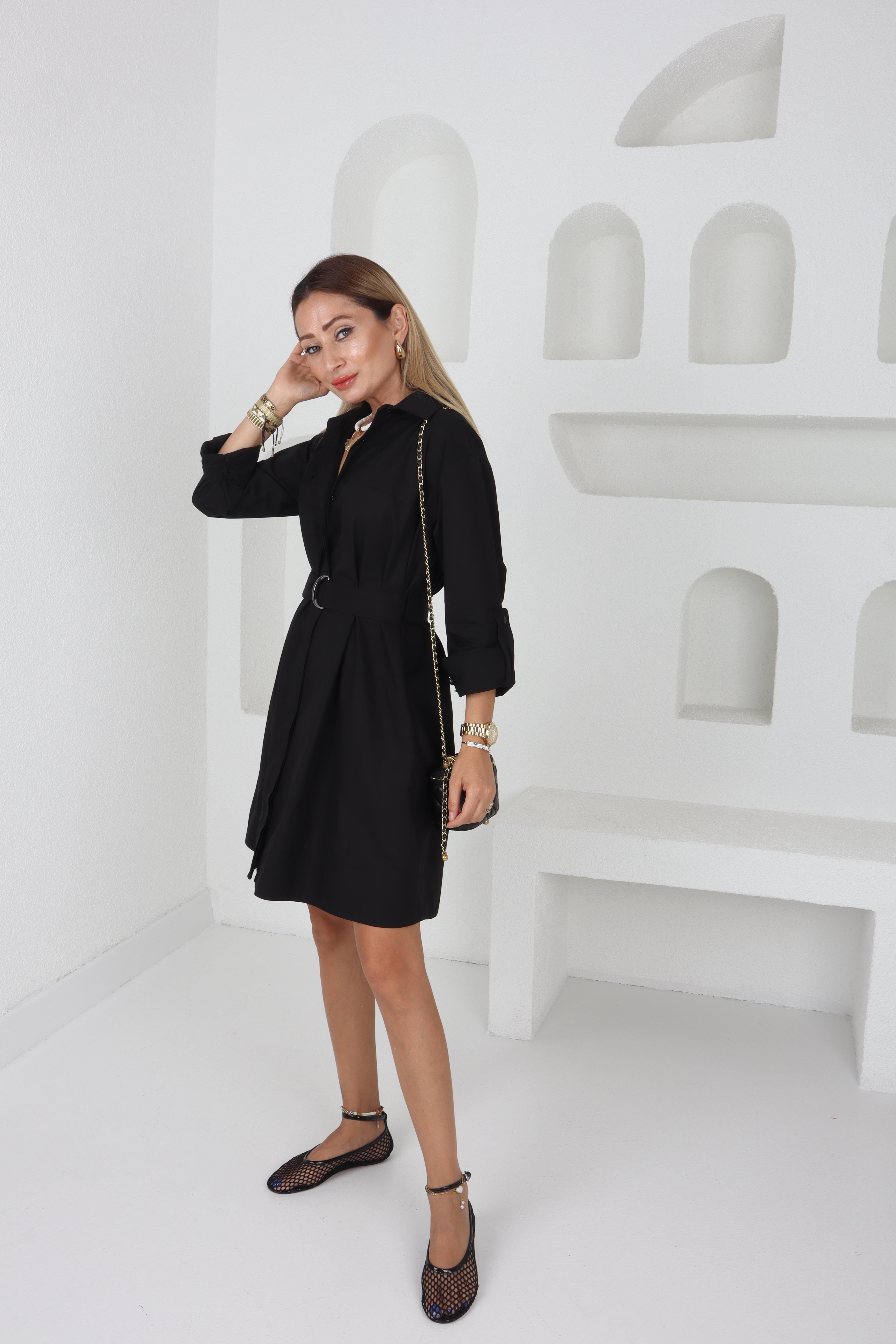 Siyah Kemerli Oversize Gömlek Elbise ELBİSE