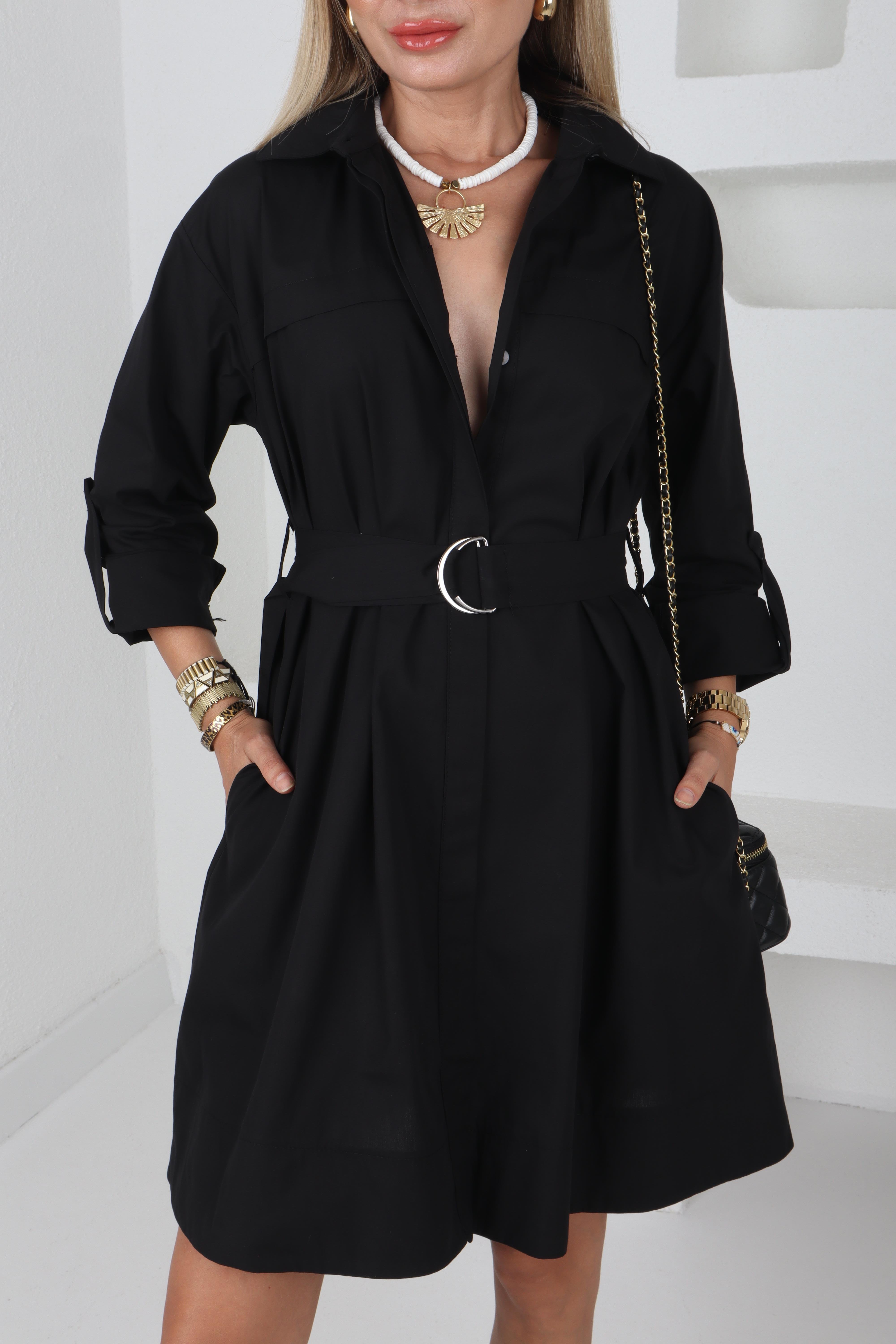 Siyah Kemerli Oversize Gömlek Elbise ELBİSE