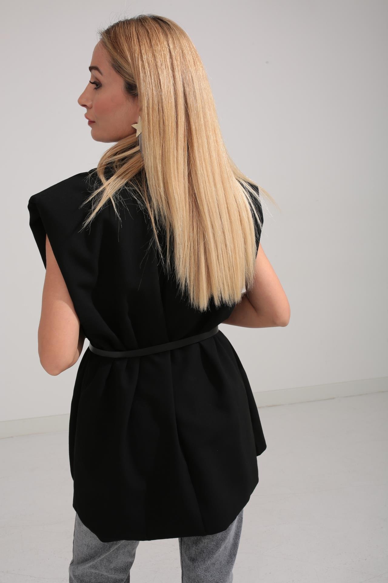 Siyah Kemerli Oversize Kumaş Yelek YELEK | NO33