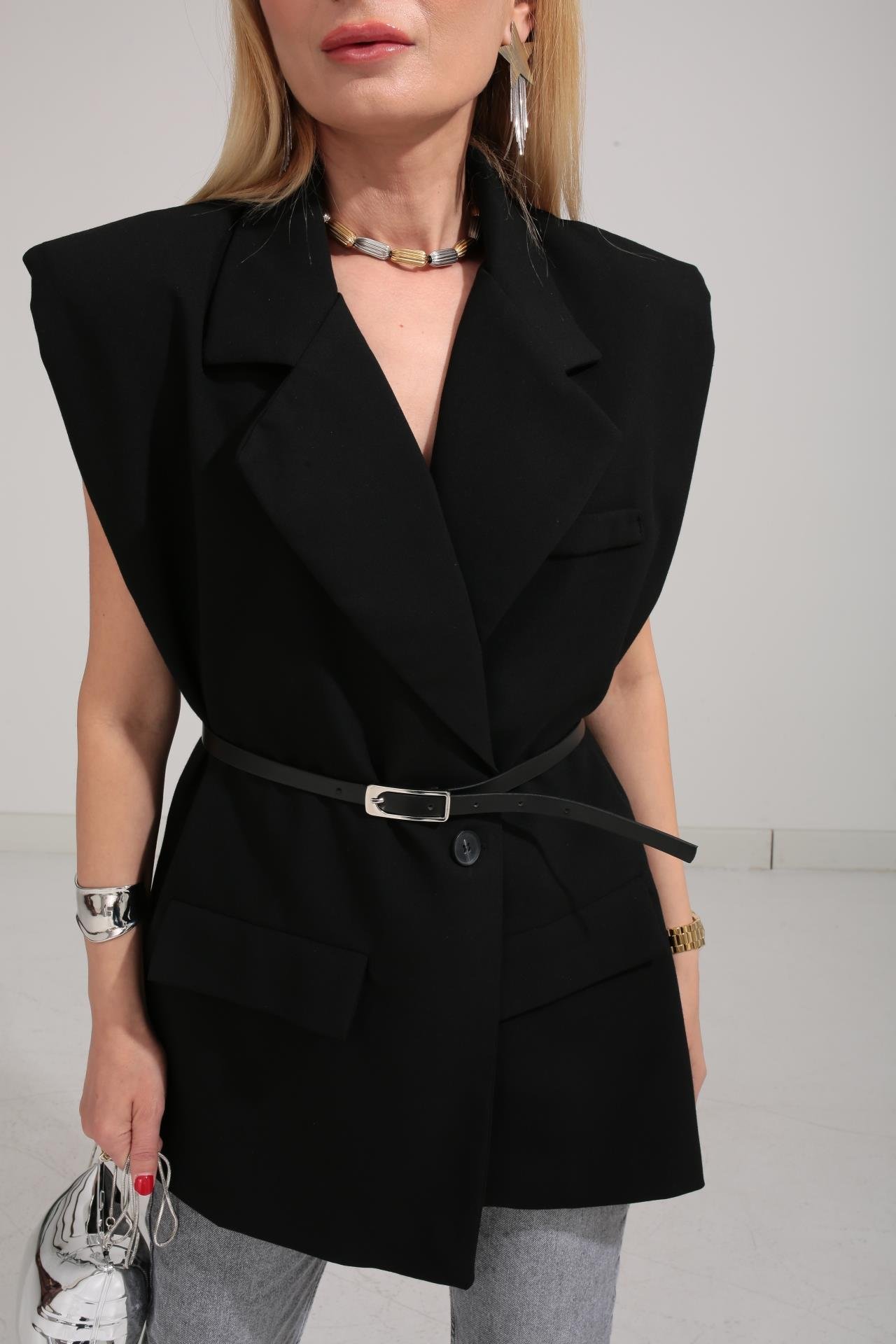 Siyah Kemerli Oversize Kumaş Yelek YELEK | NO33