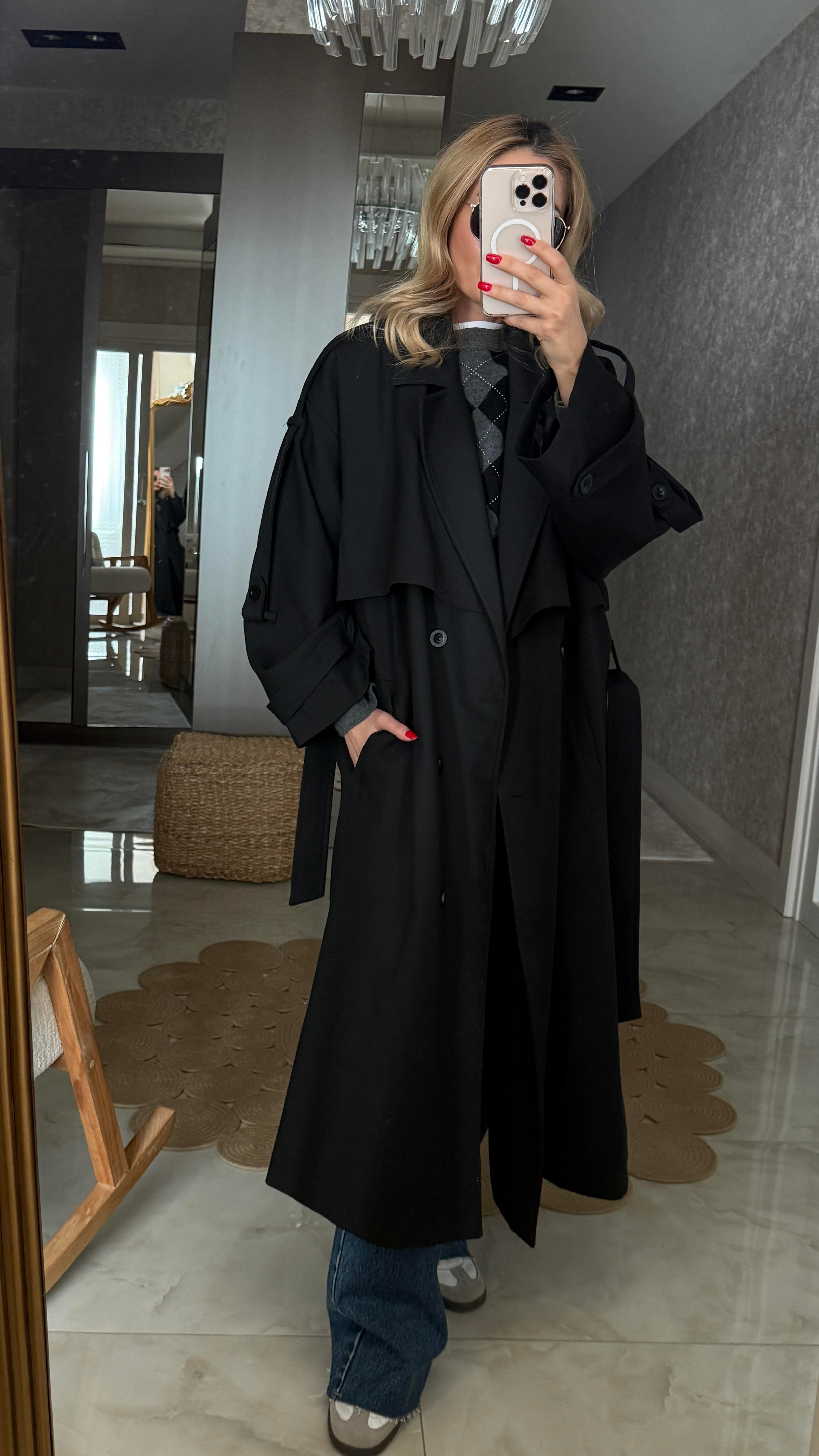 Siyah Kemerli Oversize Trençkot TRENÇKOT