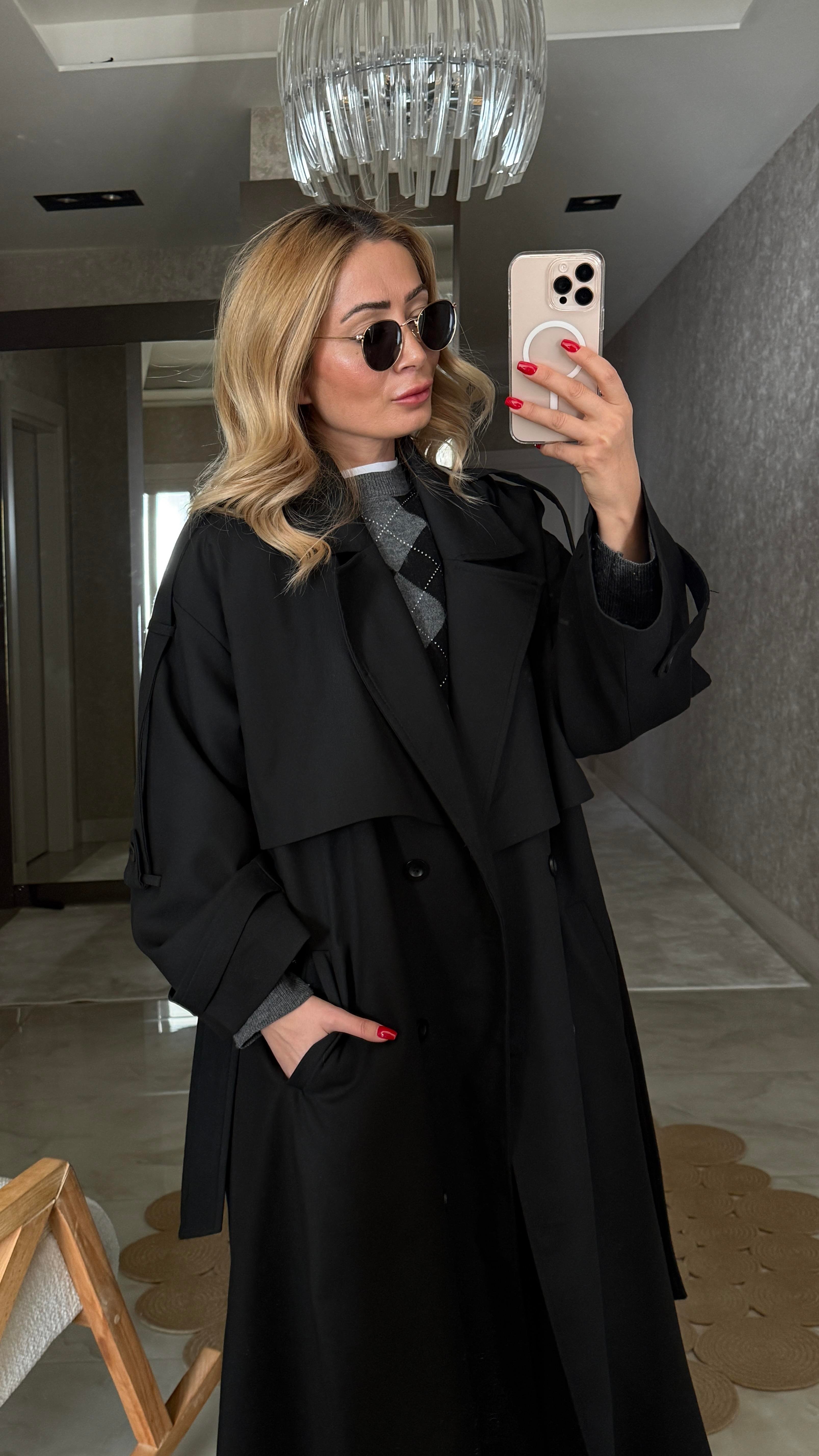 Siyah Kemerli Oversize Trençkot TRENÇKOT