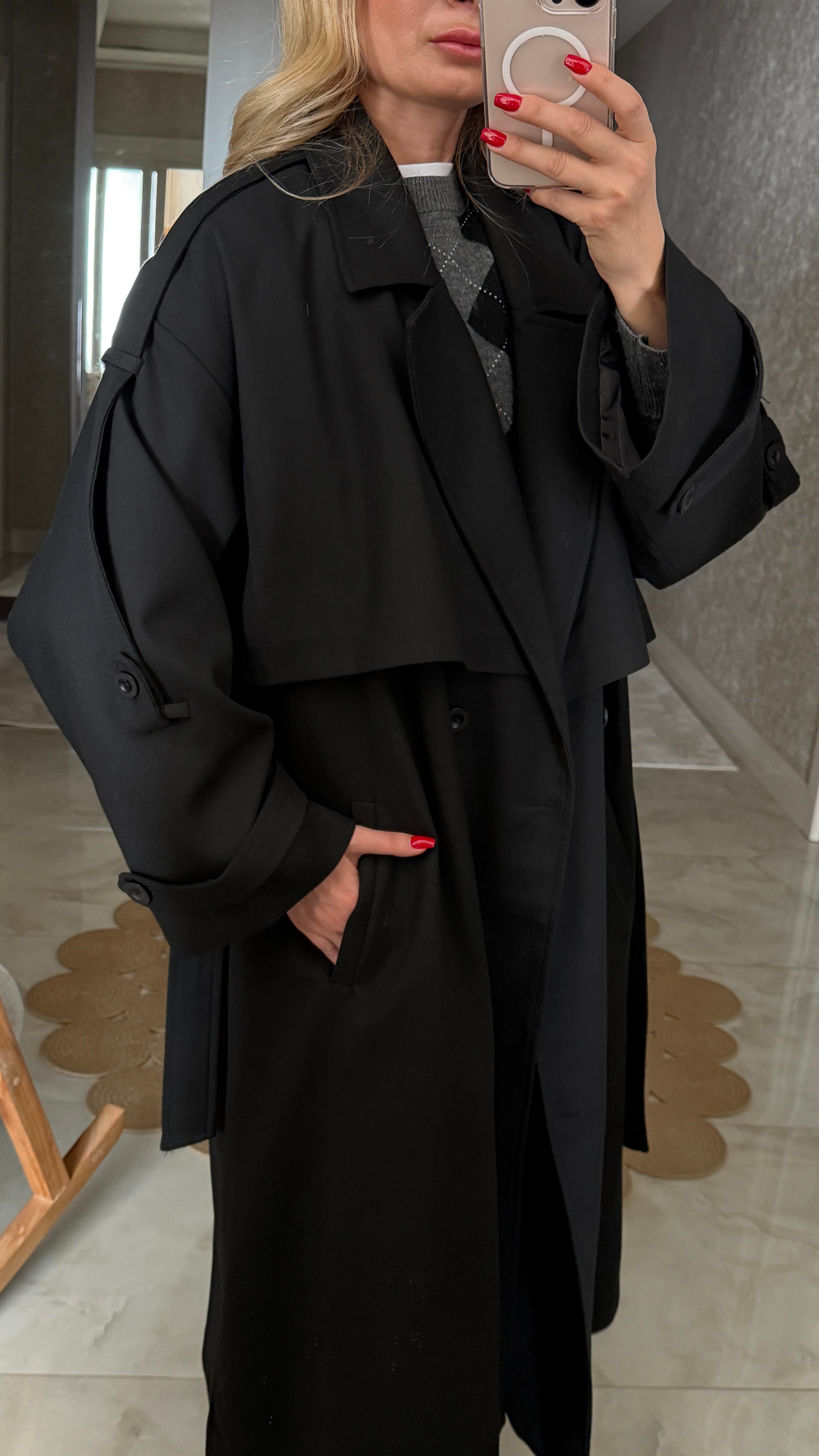 Siyah Kemerli Oversize Trençkot TRENÇKOT