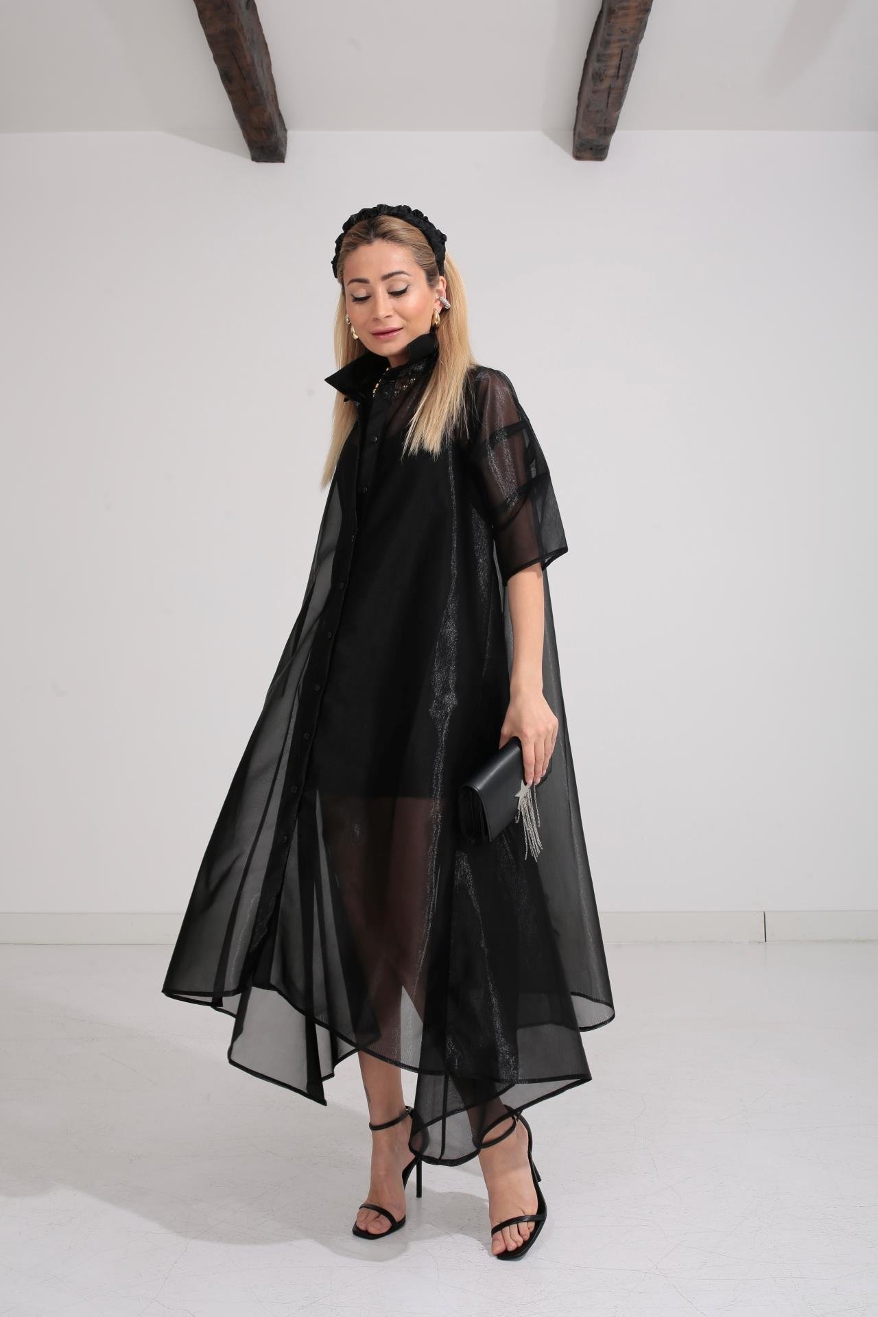 Siyah Organze Astarlı Tül Elbise ELBİSE