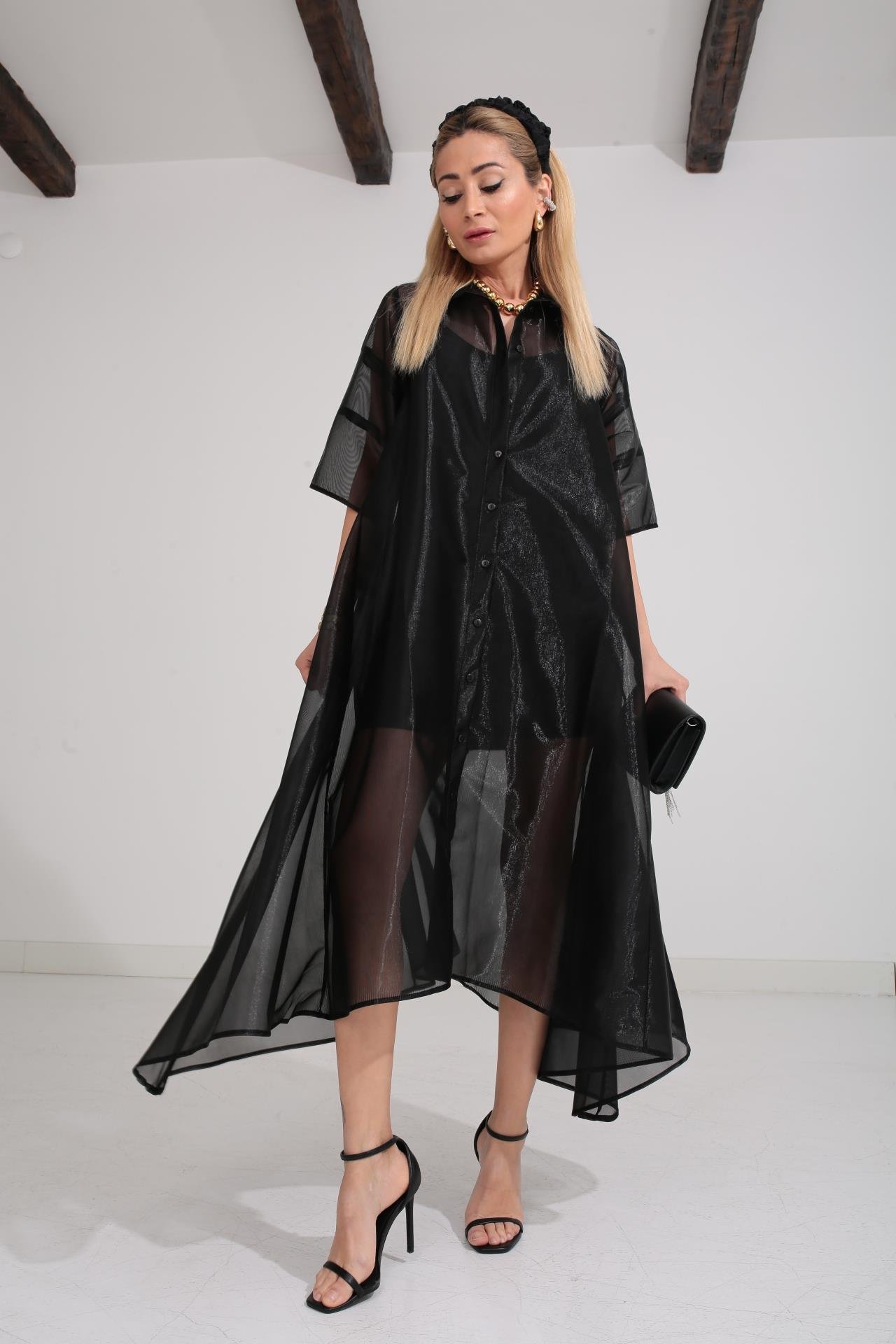 Siyah Organze Astarlı Tül Elbise ELBİSE