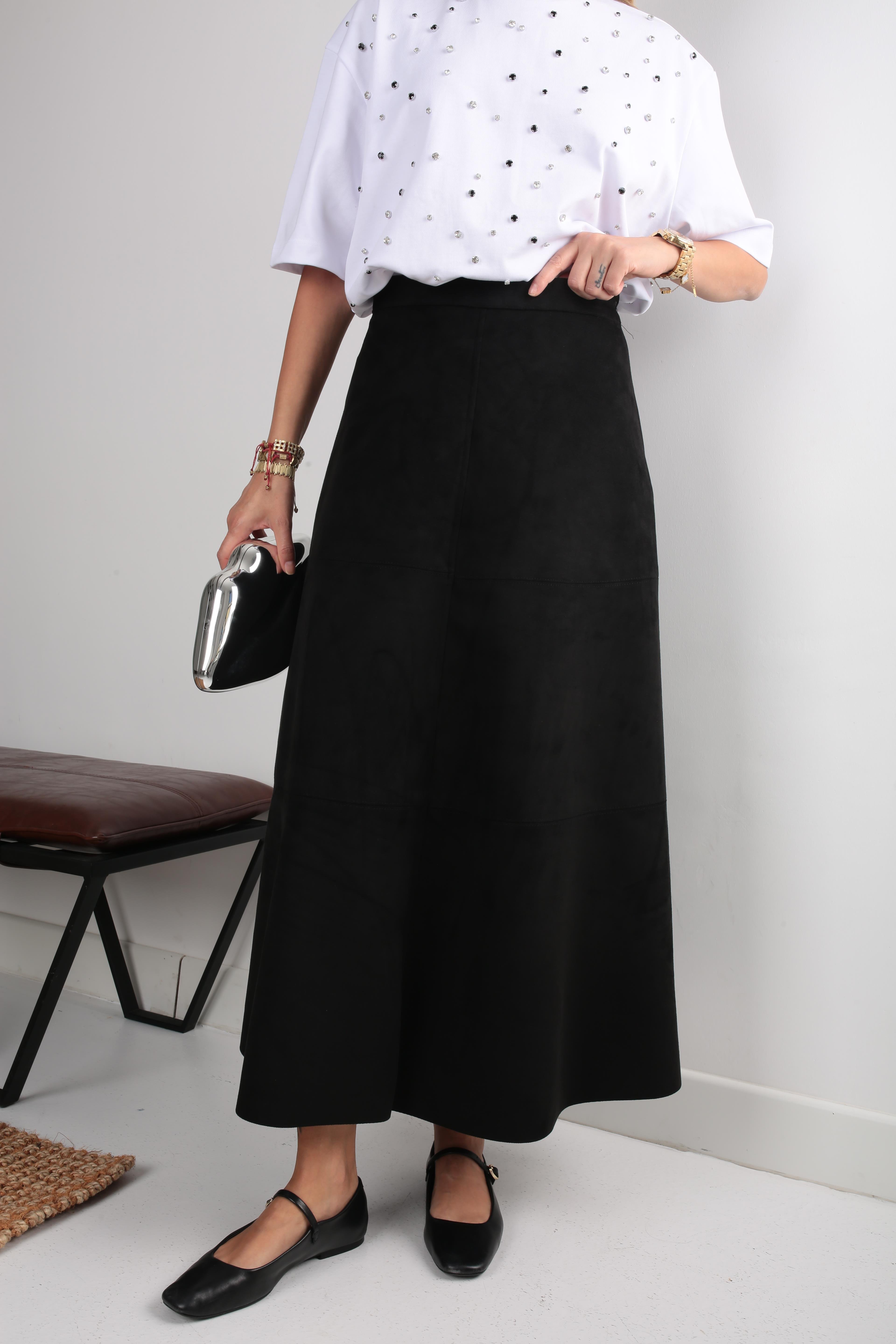 Siyah Parçalı Nubuk Etek ETEK