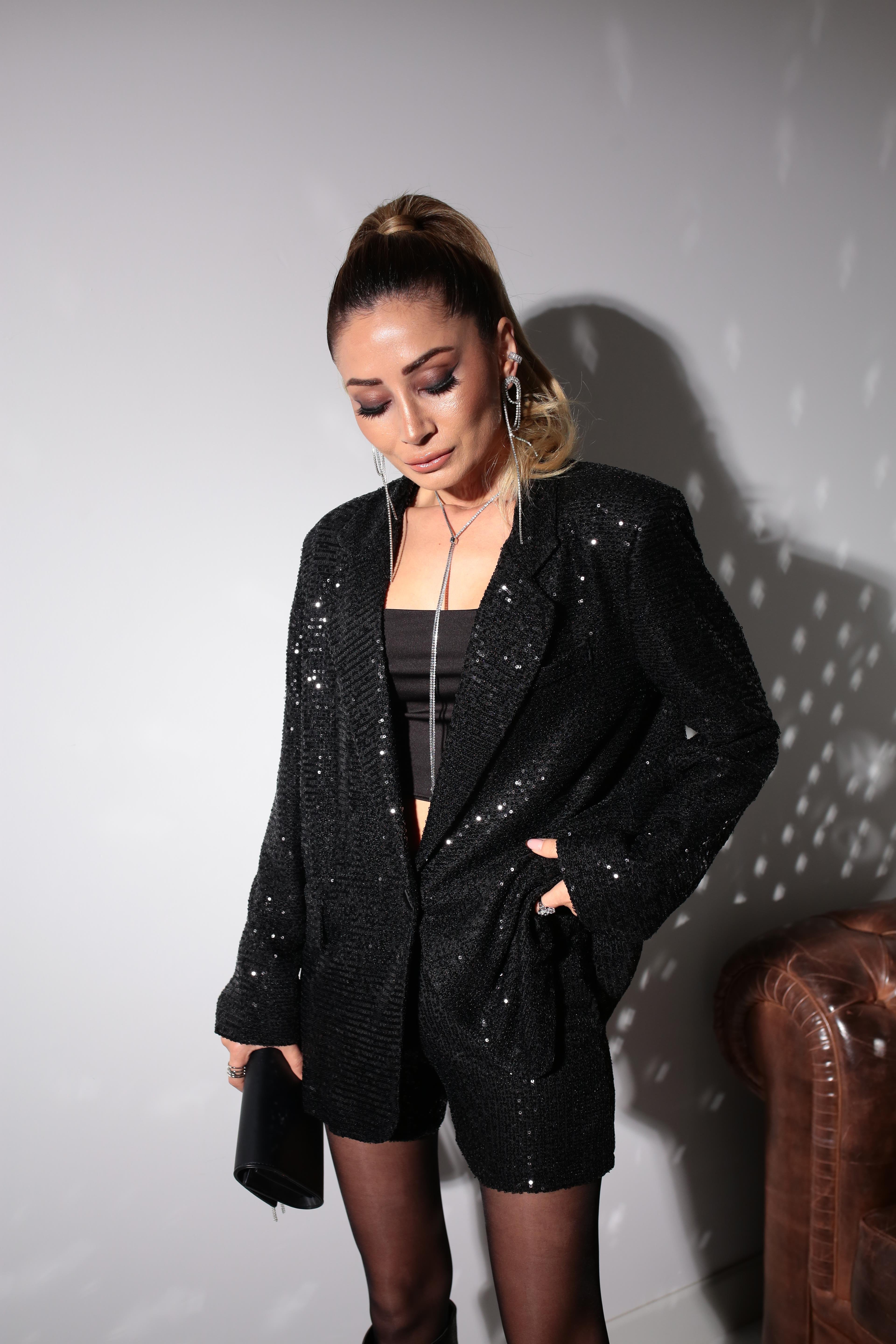 Siyah Payetli Tek Düğme Blazer Ceket CEKET