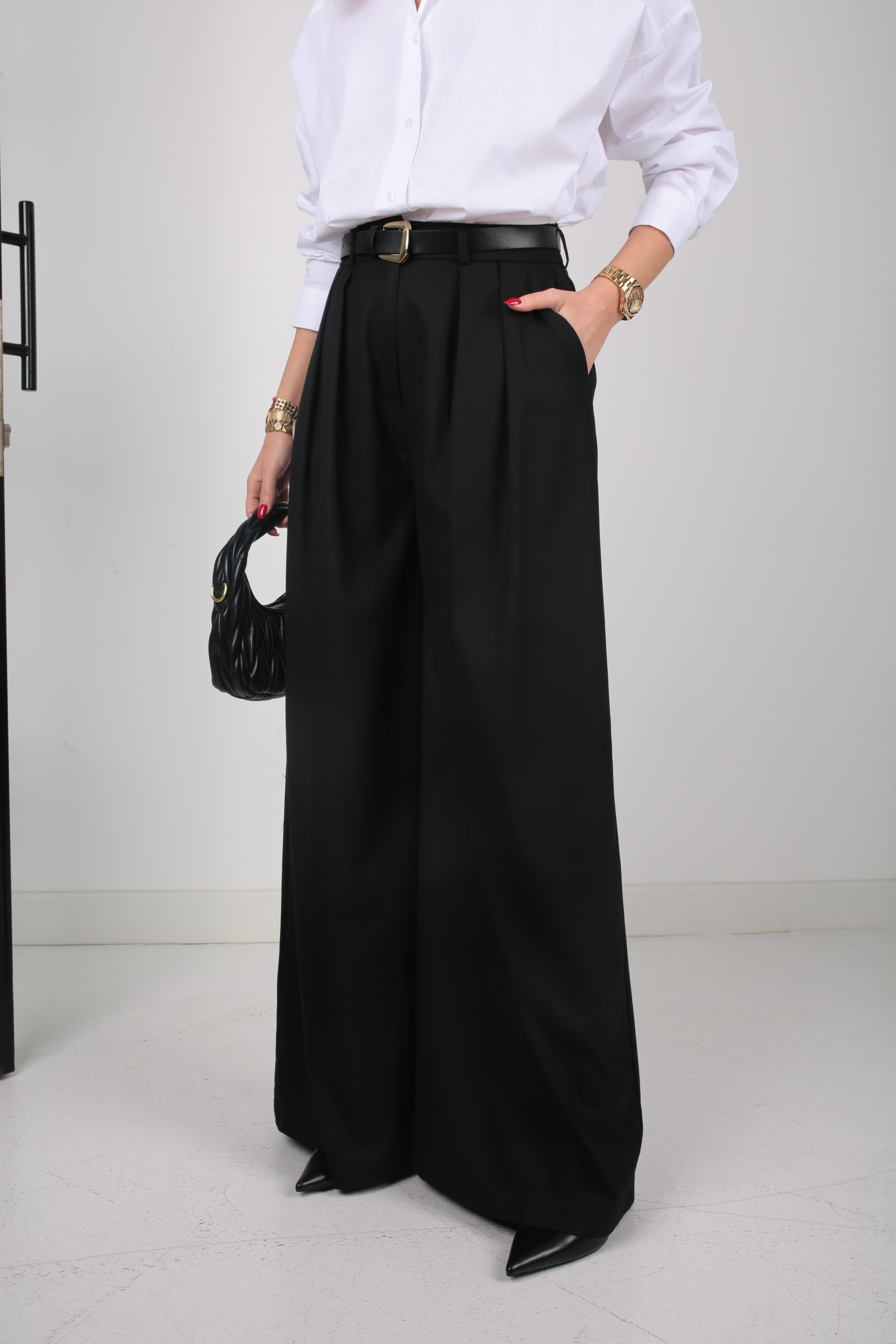 Siyah Pileli Kemerli Palazzo Pantolon PANTOLON