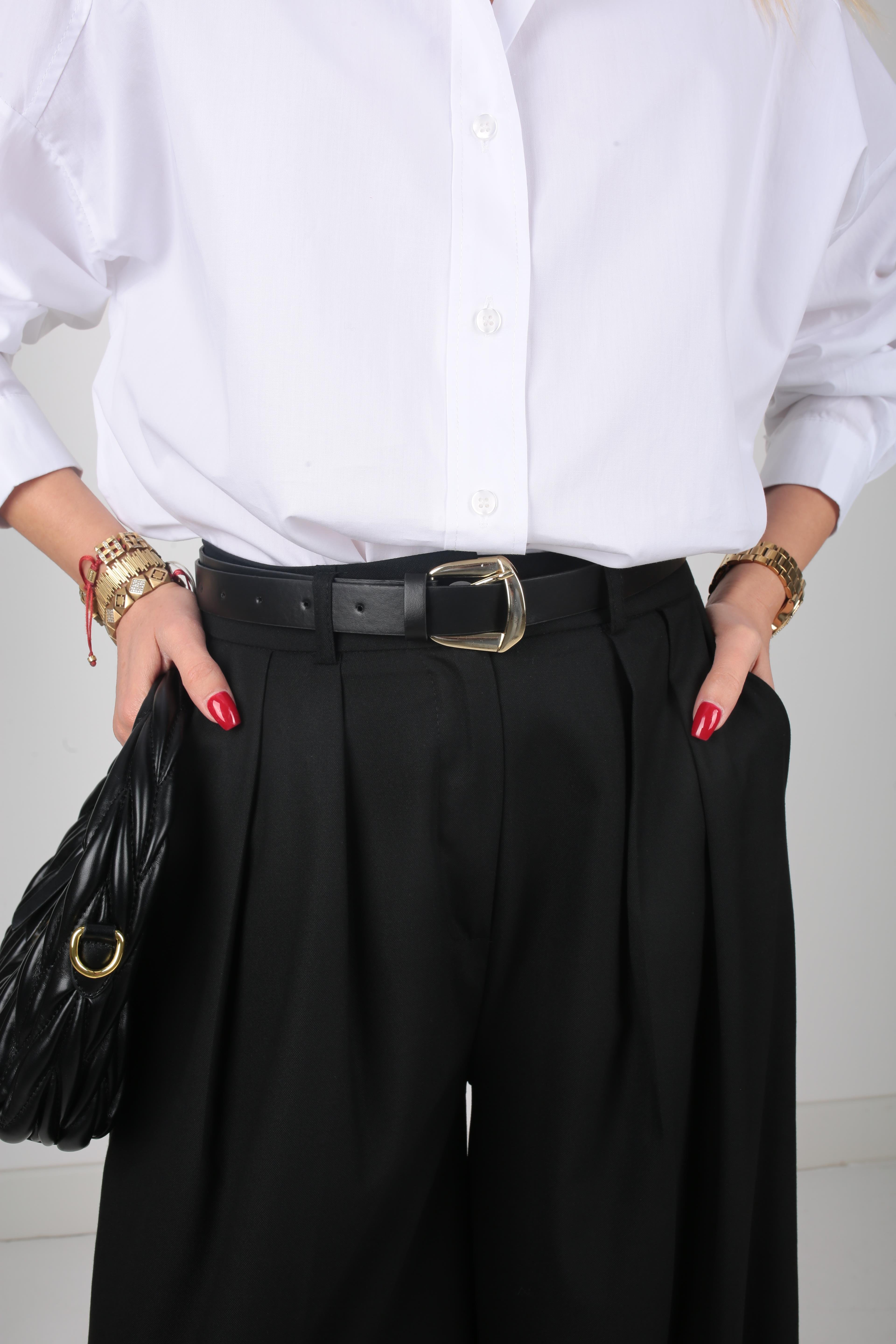 Siyah Pileli Kemerli Palazzo Pantolon PANTOLON