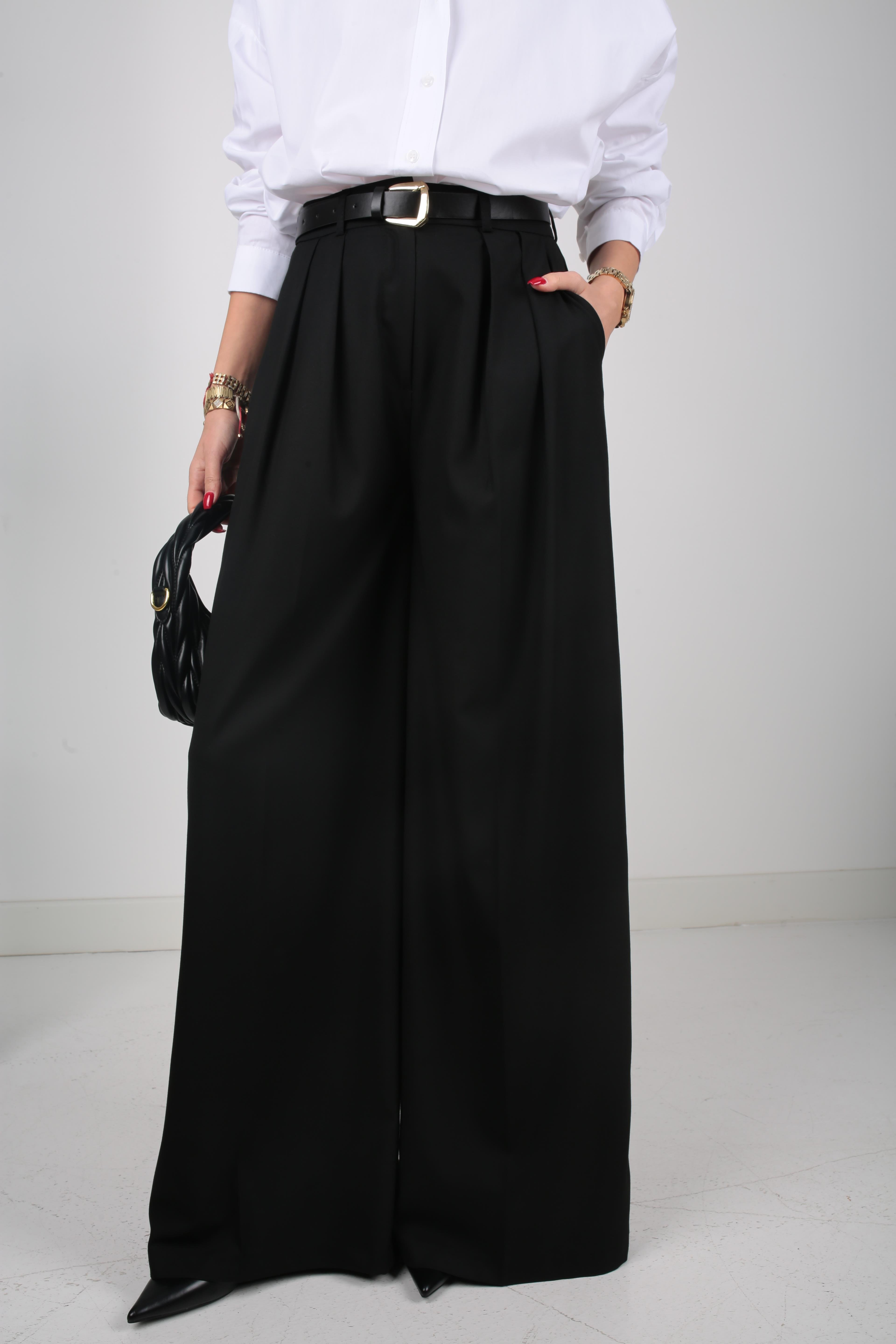 Siyah Pileli Kemerli Palazzo Pantolon PANTOLON