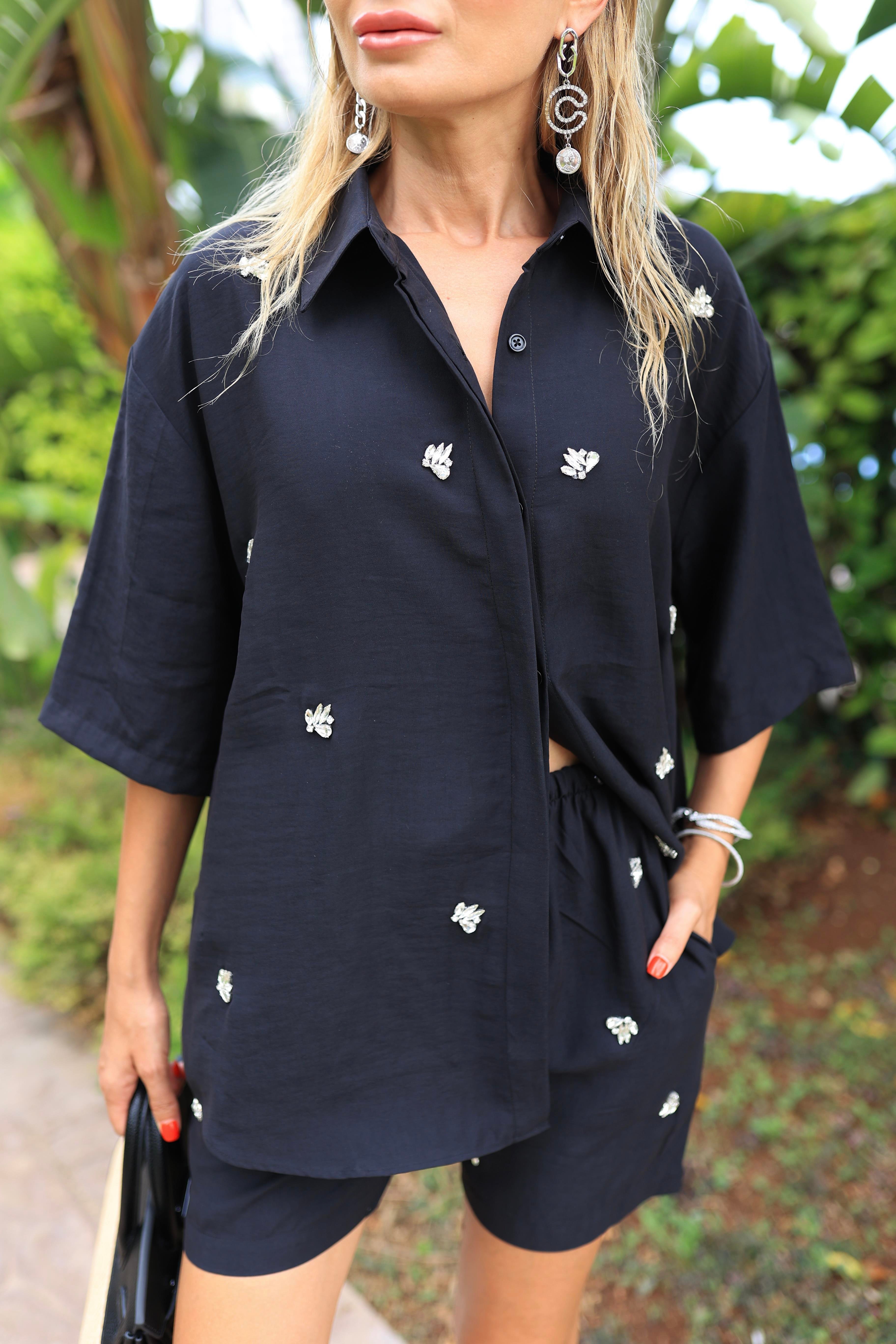 Siyah Taş İşli Şortlu Tensel Takım TAKIM | NO33