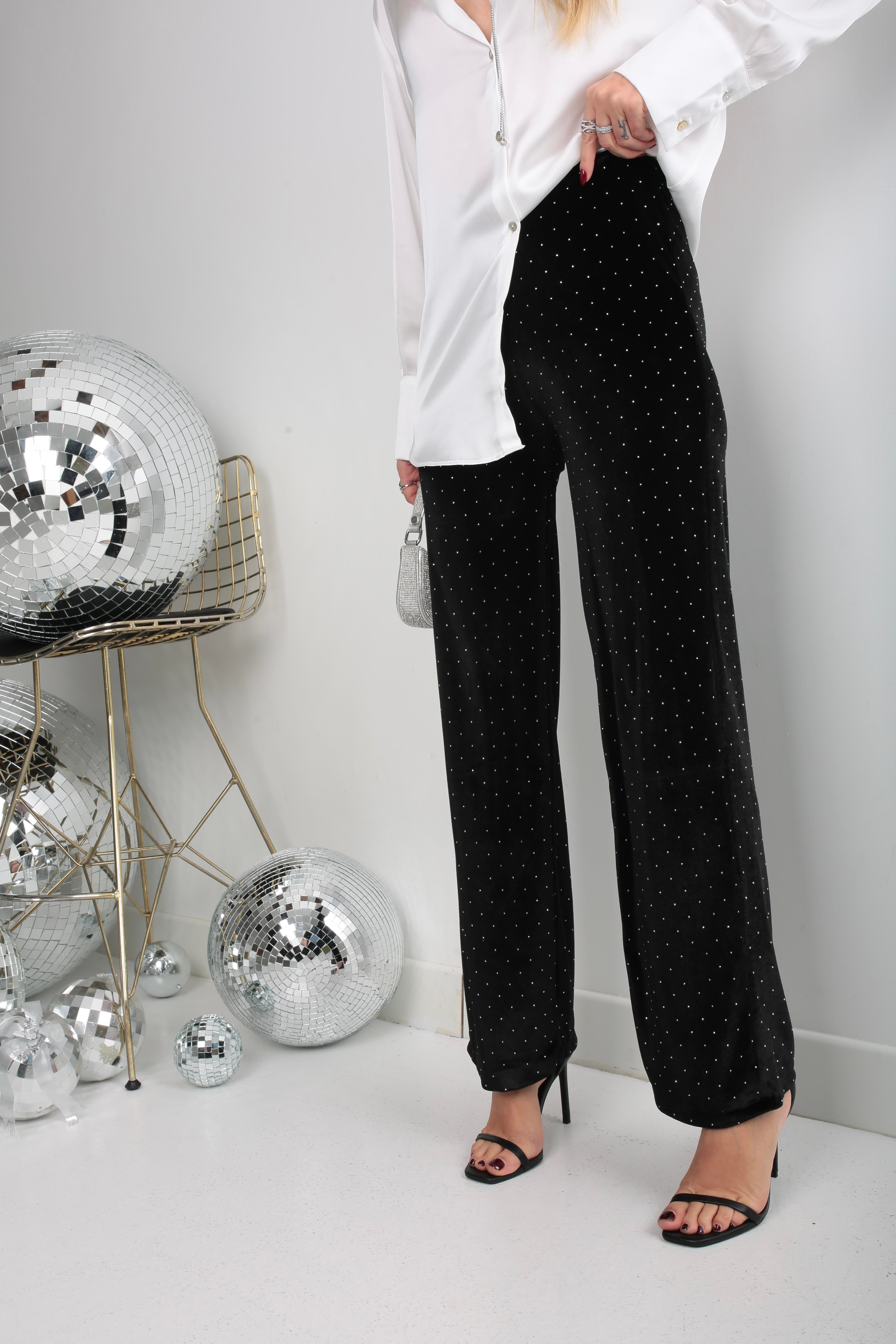 Siyah Taşlı Kadife Pantolon PANTOLON