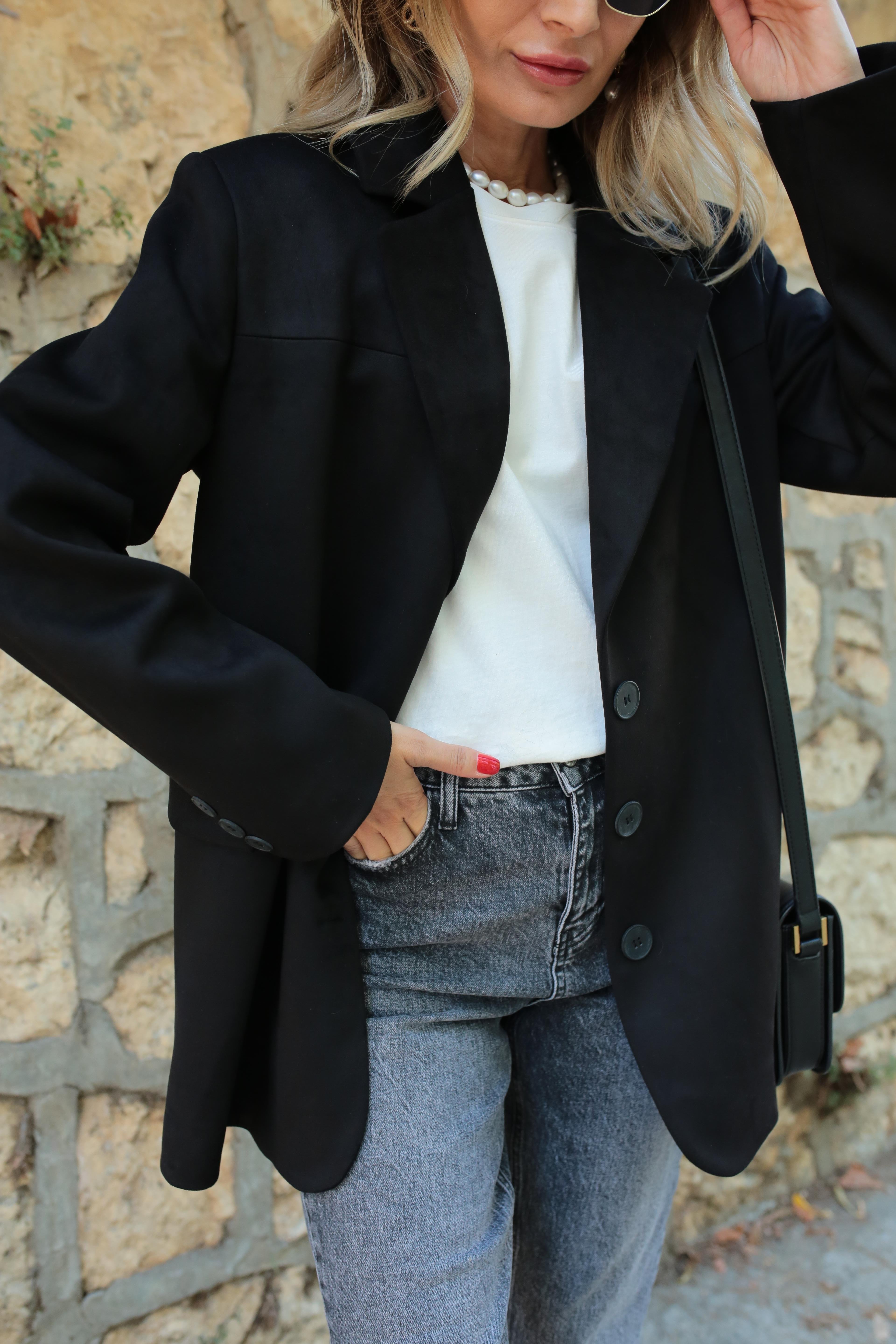 Siyah Üç Düğmeli Nubuk Blazer Ceket CEKET