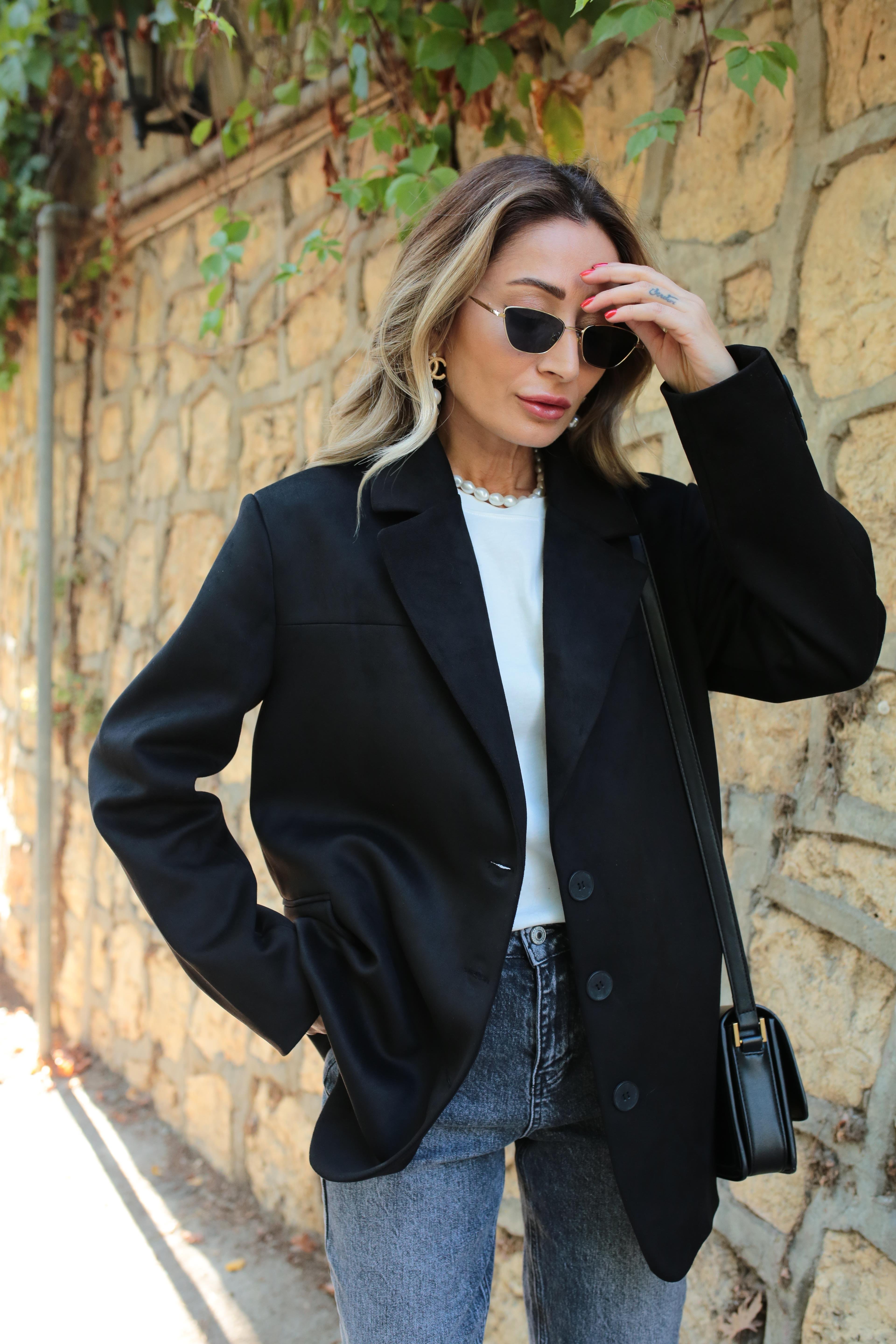 Siyah Üç Düğmeli Nubuk Blazer Ceket CEKET