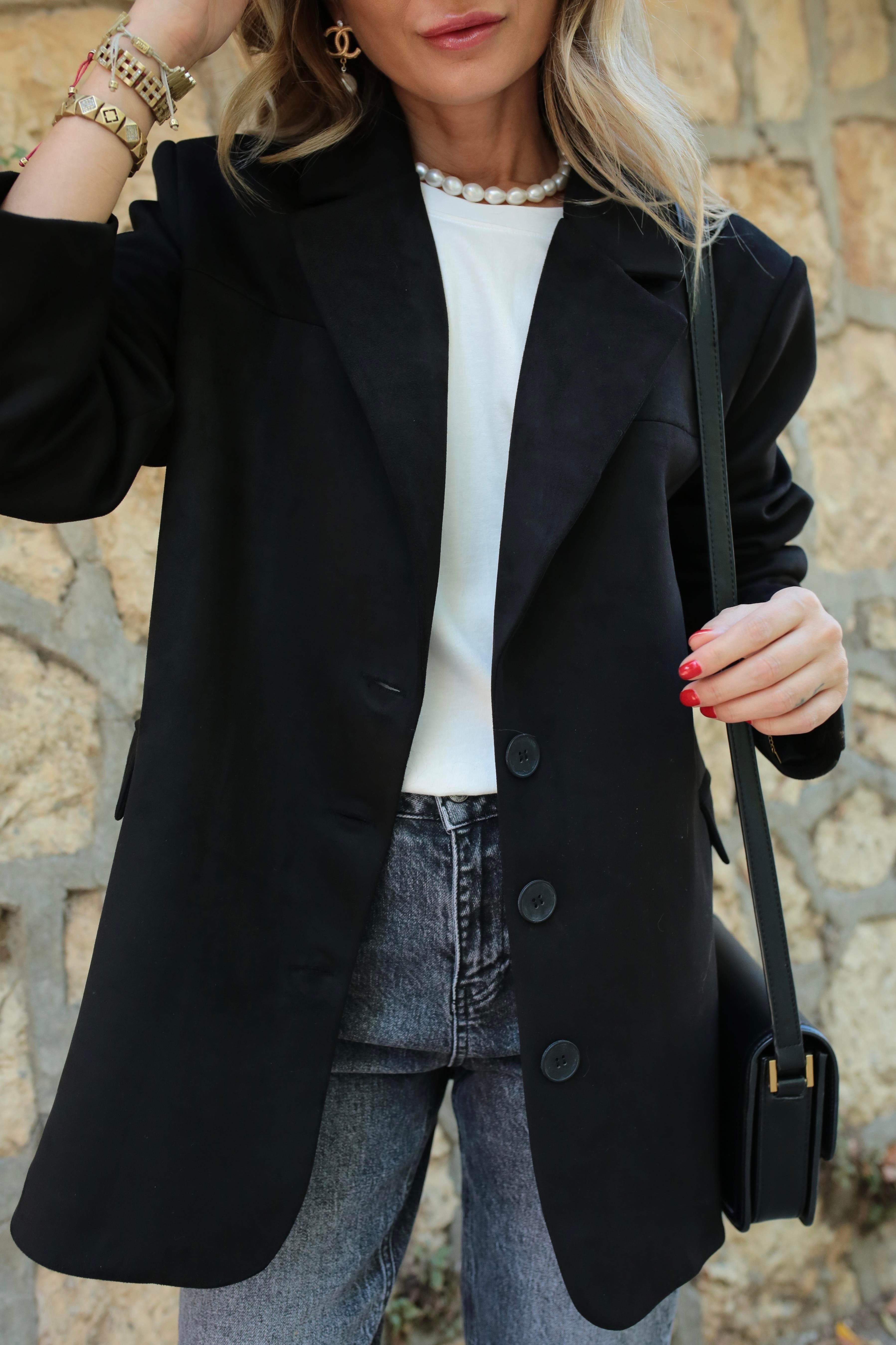 Siyah Üç Düğmeli Nubuk Blazer Ceket CEKET