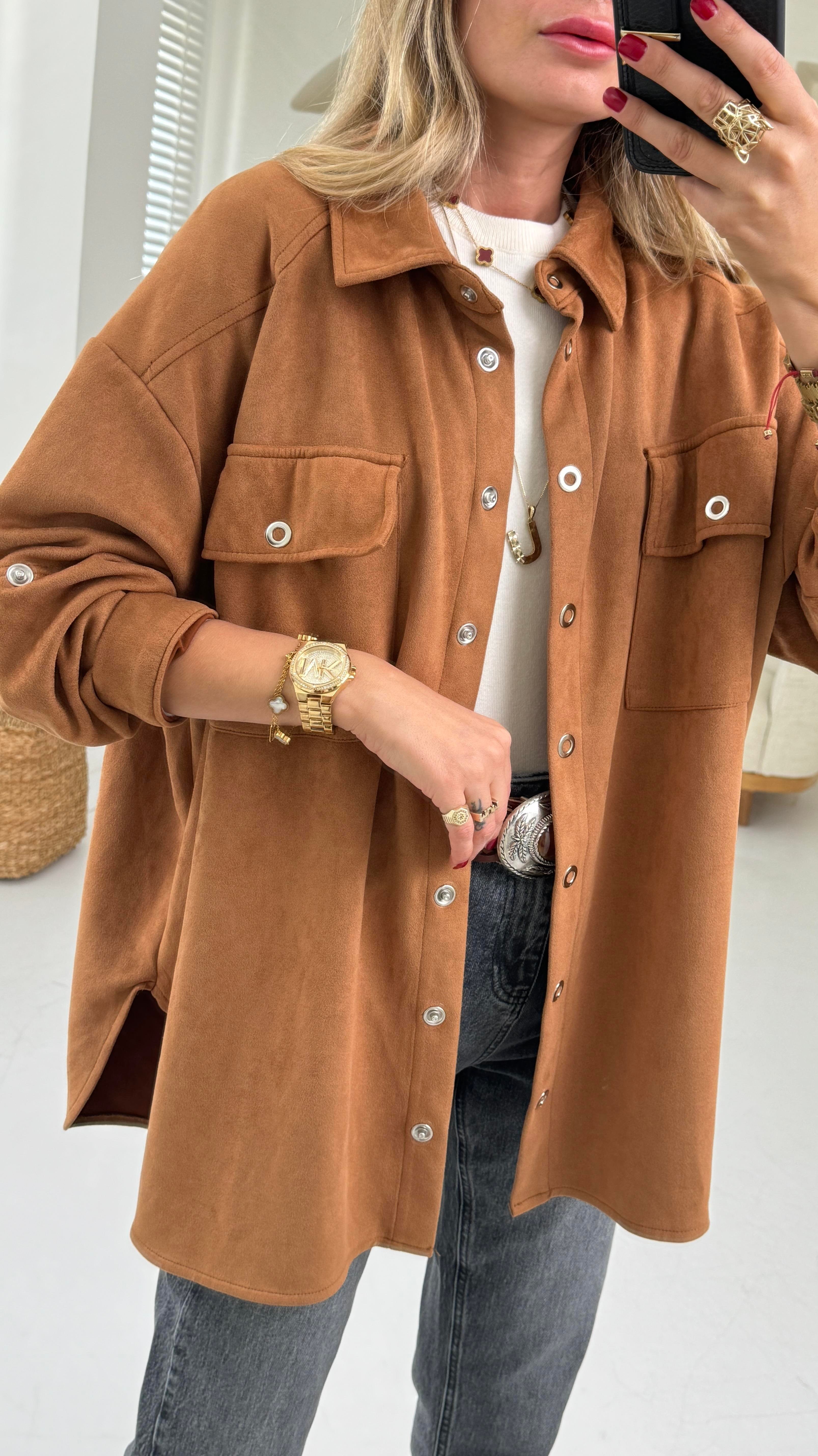 Taba Çıtçıtlı Nubuk Oversize Gömlek GÖMLEK