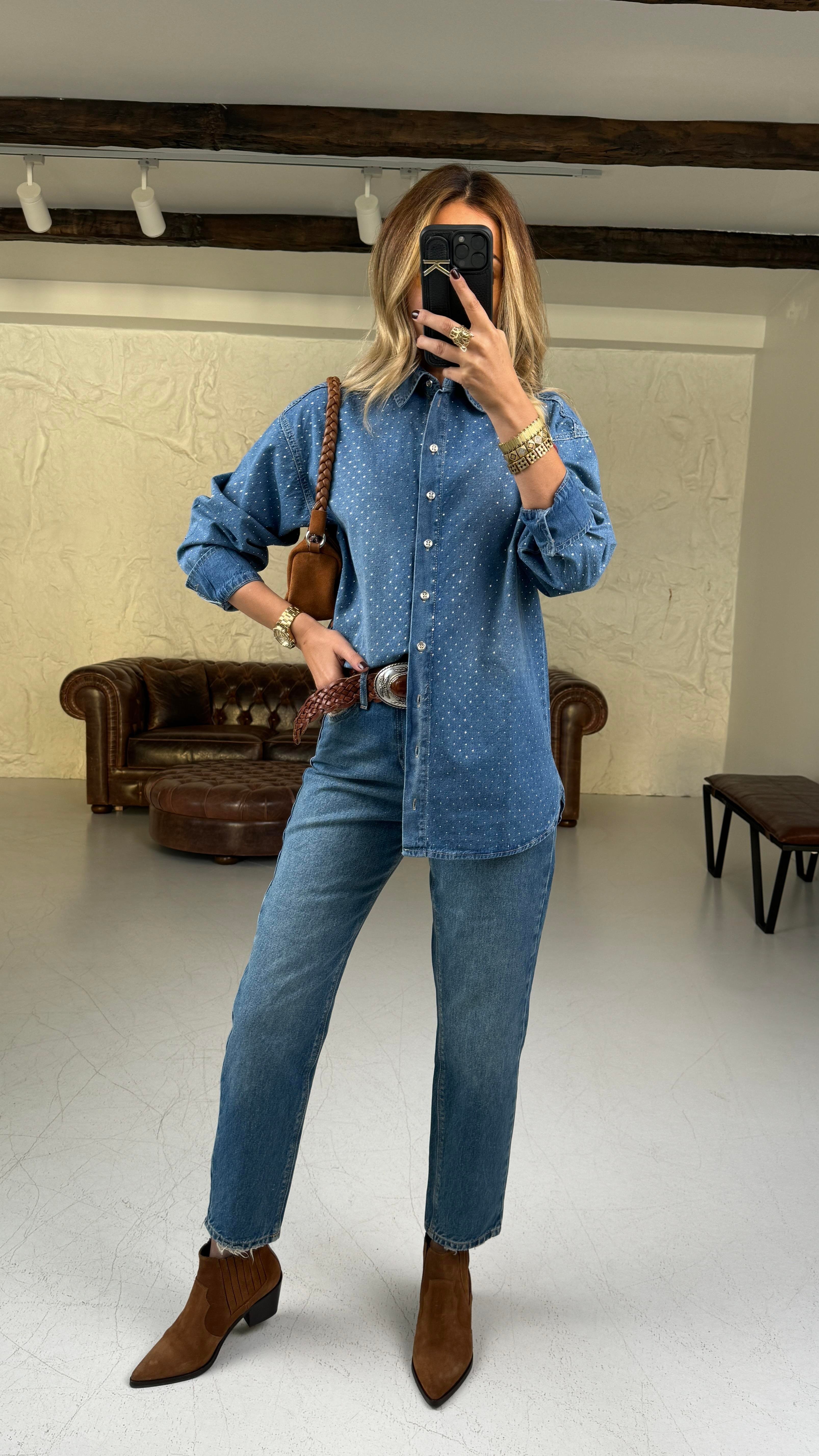 Taş Baskılı Denim Gömlek GÖMLEK