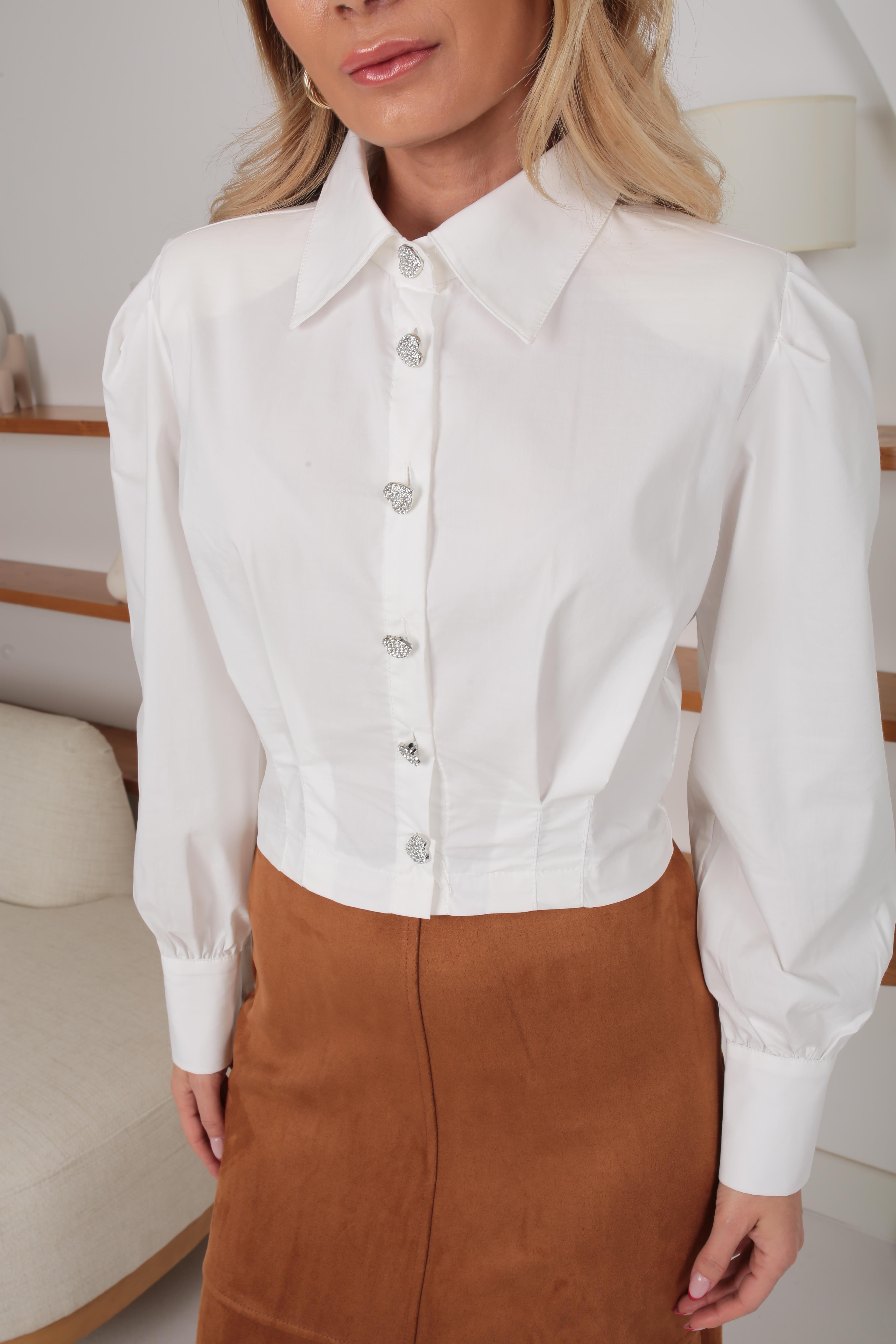 Taş Düğmeli Vatkalı Beyaz Crop Gömlek ETEK