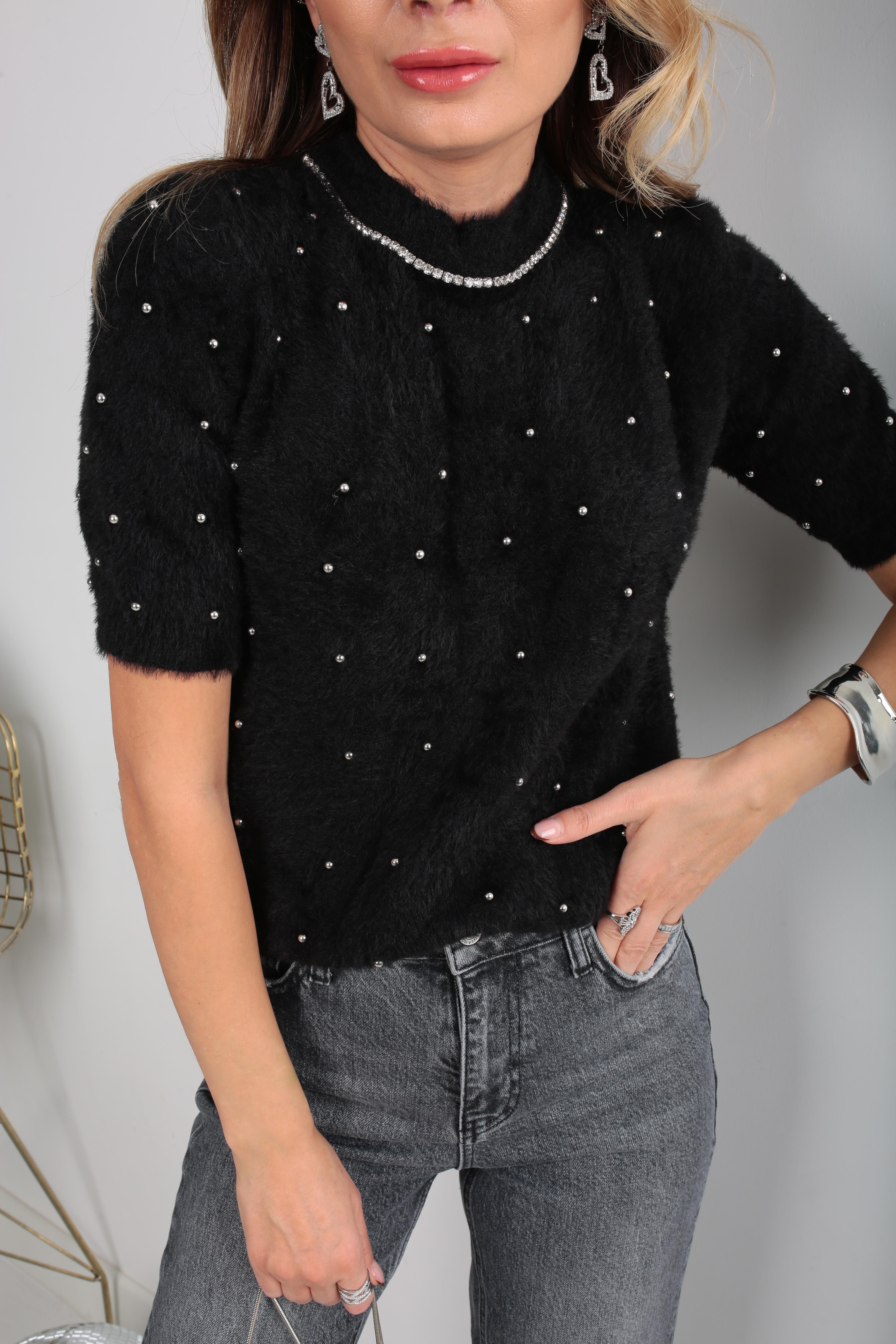 Taş İşli Kısa Kol Siyah Yumoş Kazak TRİKO VE KAZAK