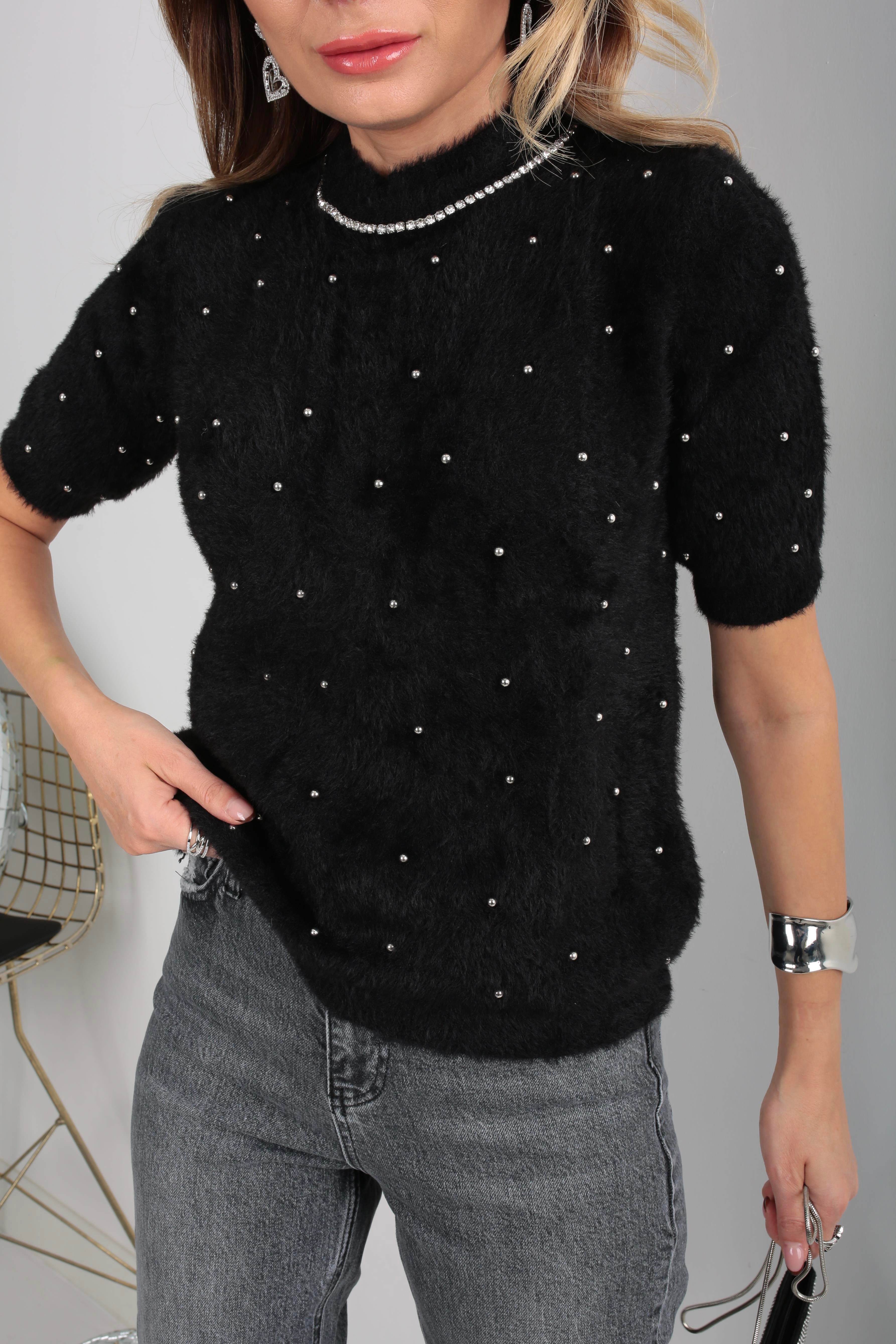 Taş İşli Kısa Kol Siyah Yumoş Kazak TRİKO VE KAZAK