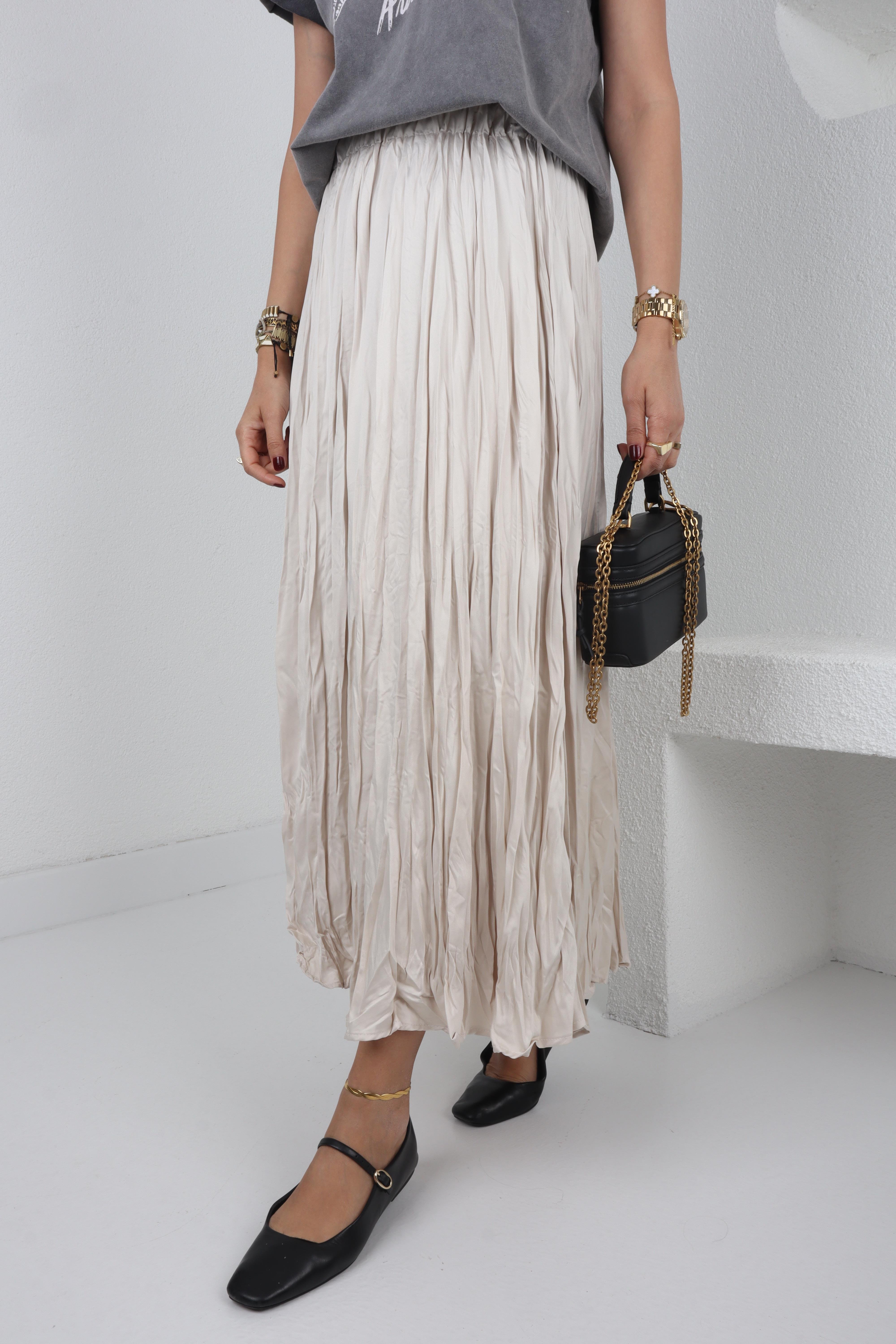 Taş Rengi Karslı Beli Lastikli Etek ETEK