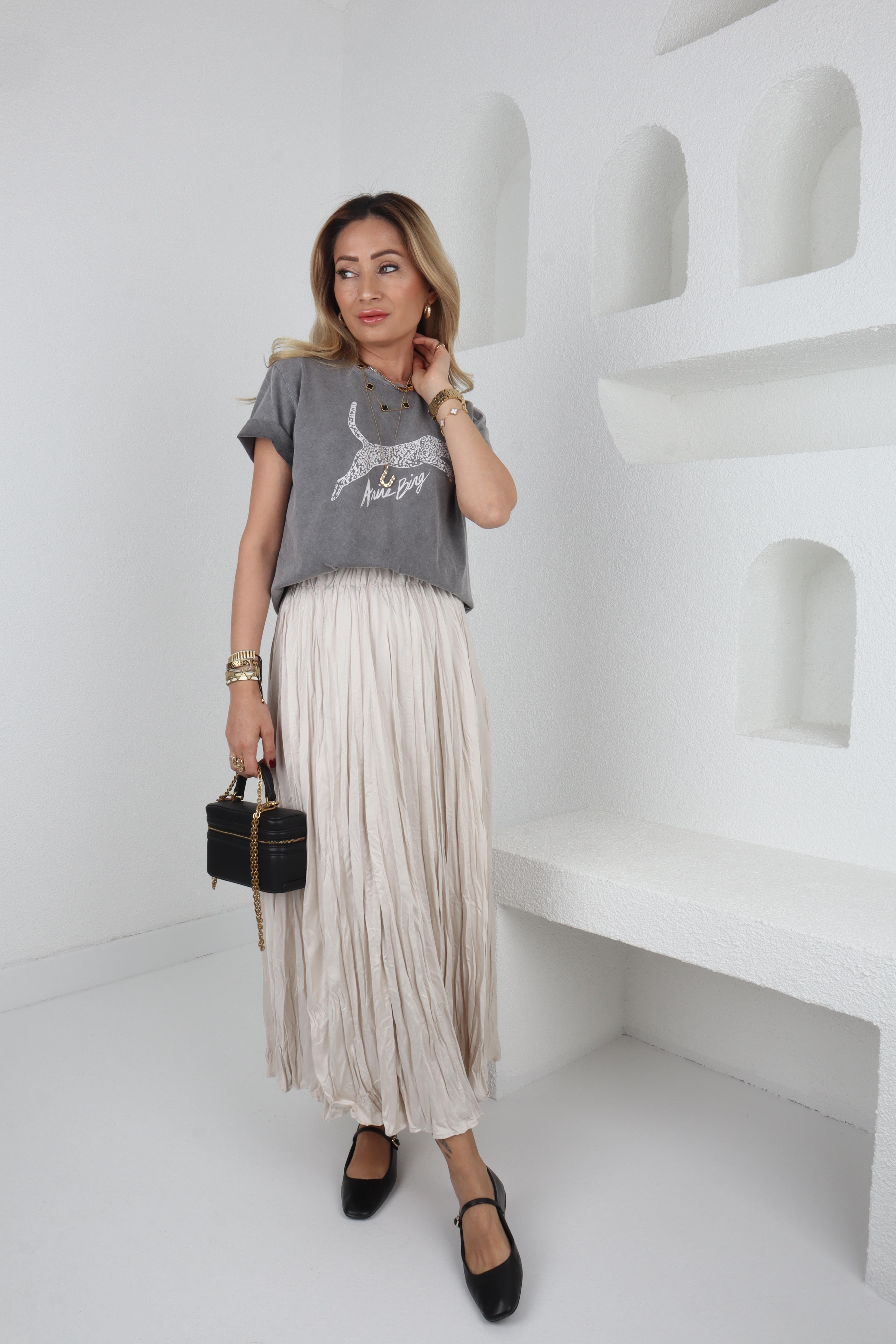 Taş Rengi Karslı Beli Lastikli Etek ETEK