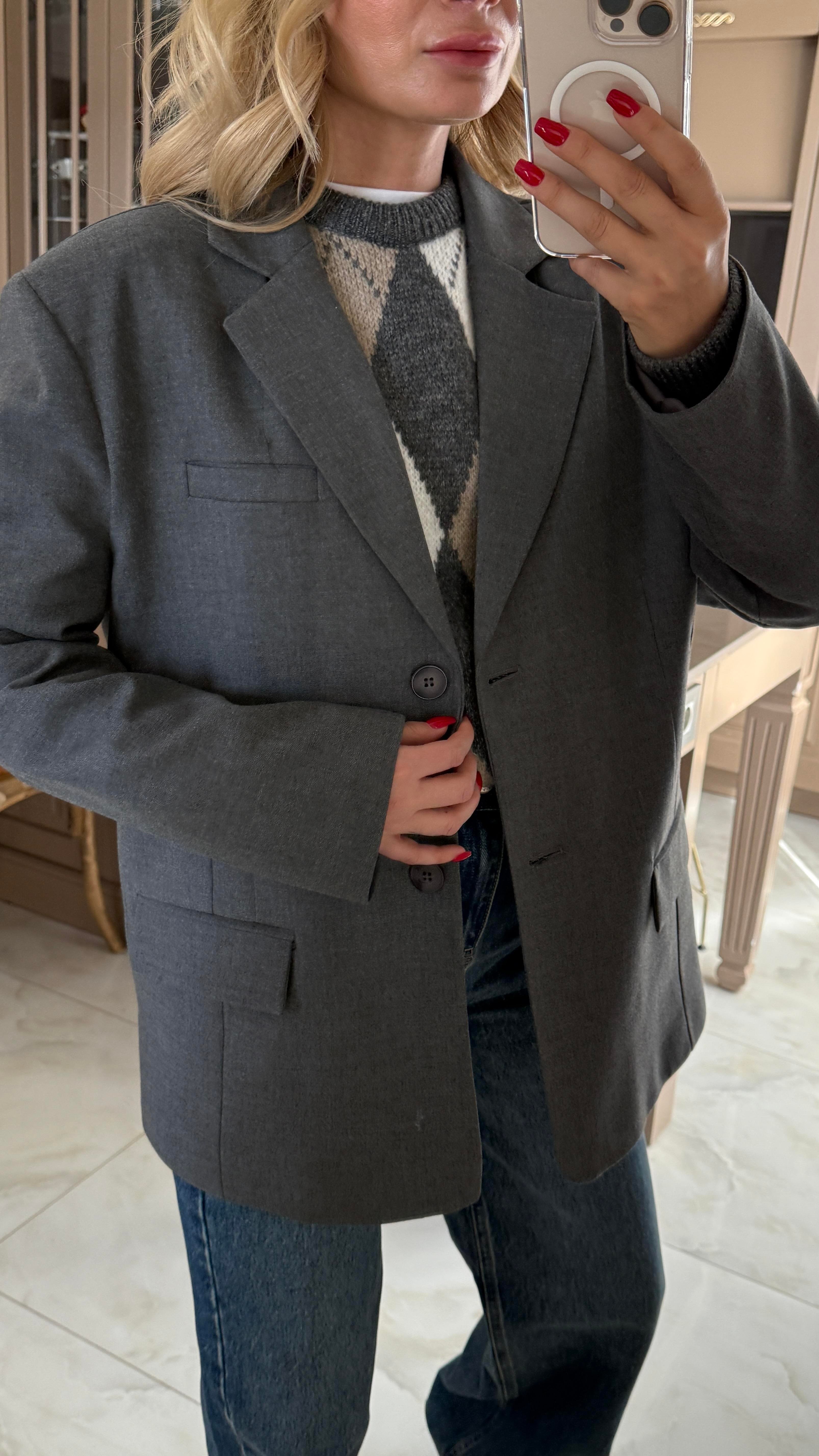 Tek Düğme Kapak Cepli Gri Blazer Ceket CEKET