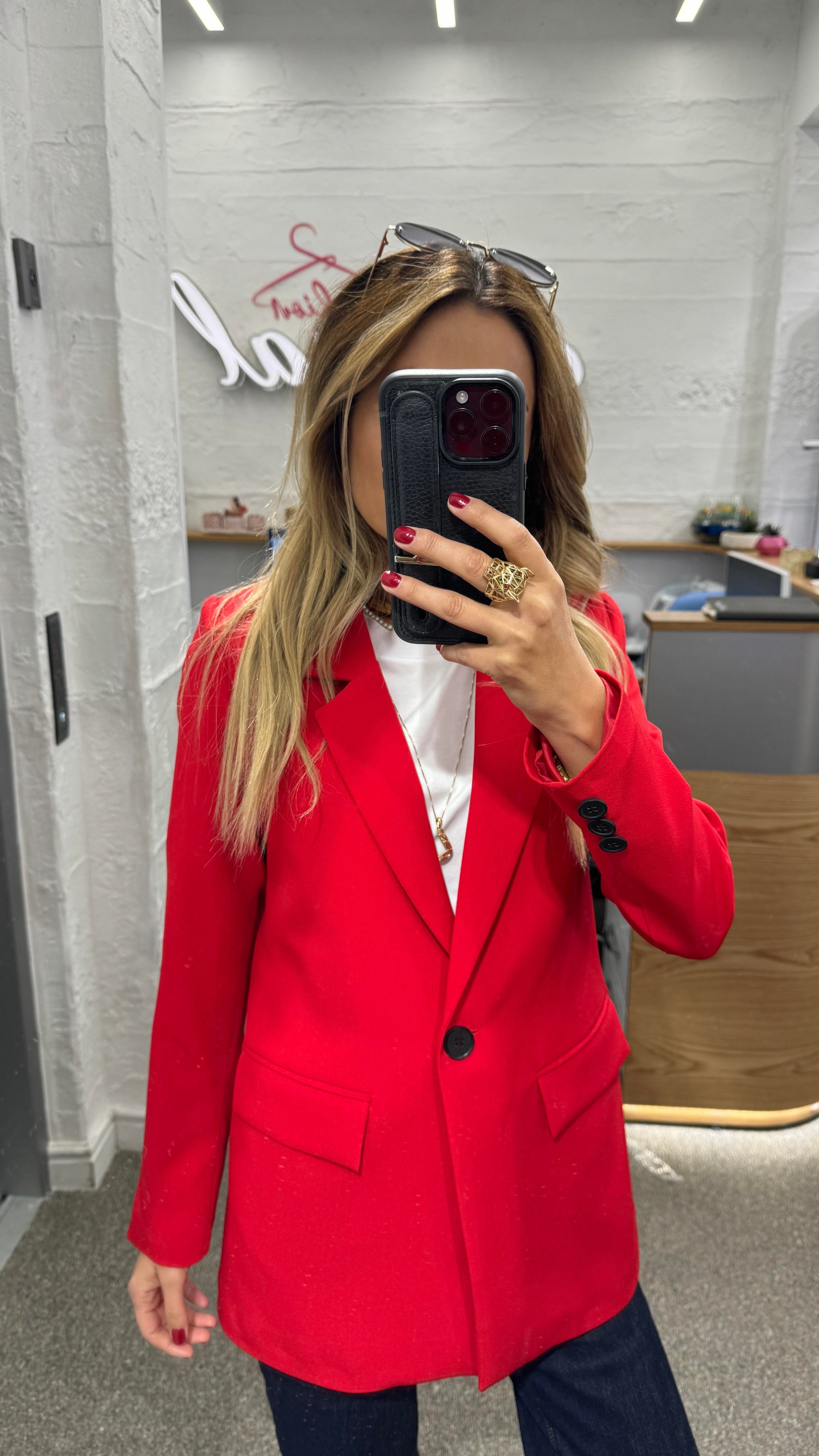 Tek Düğme Kapak Cepli Kırmızı Blazer Ceket CEKET