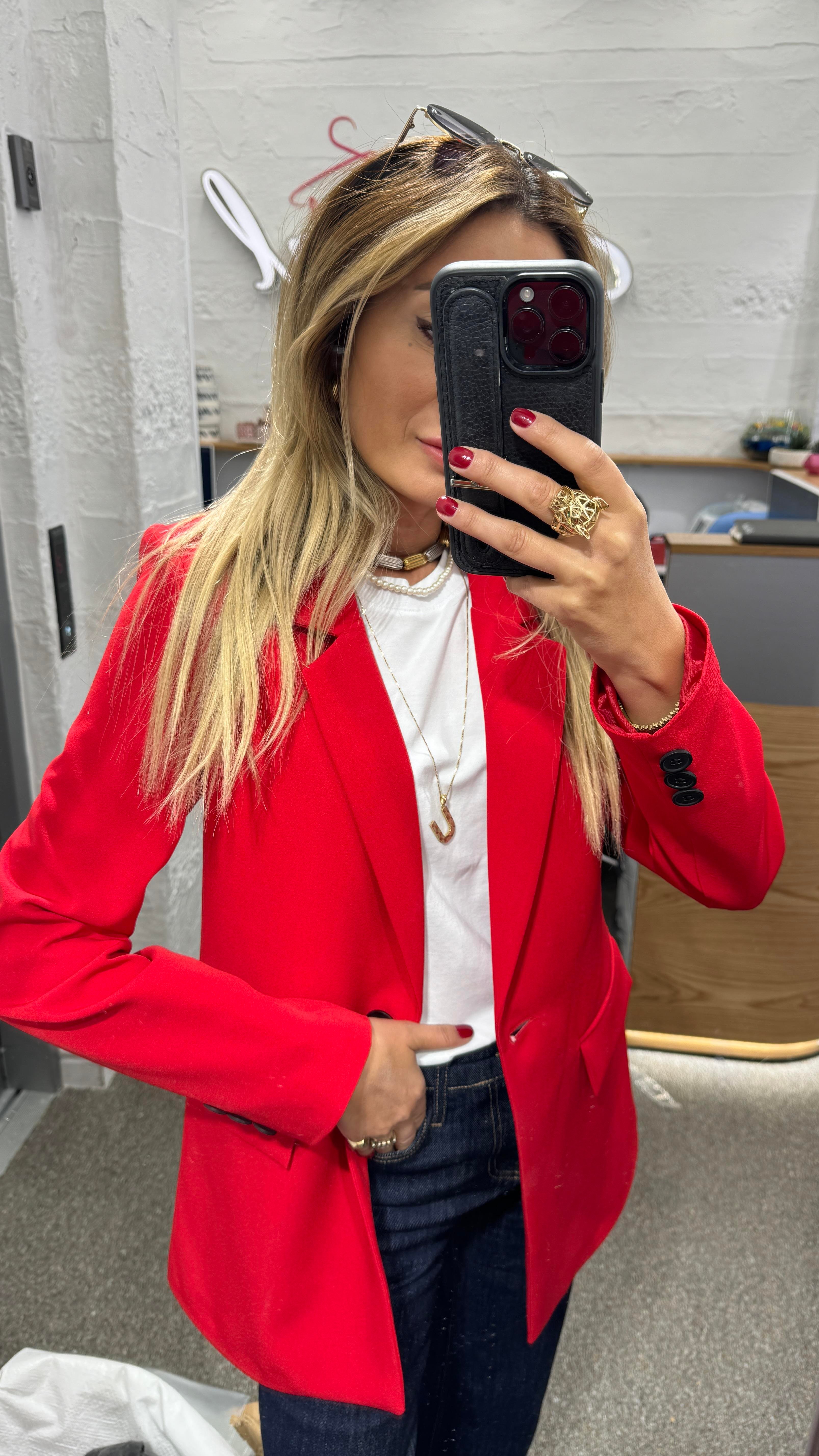 Tek Düğme Kapak Cepli Kırmızı Blazer Ceket CEKET