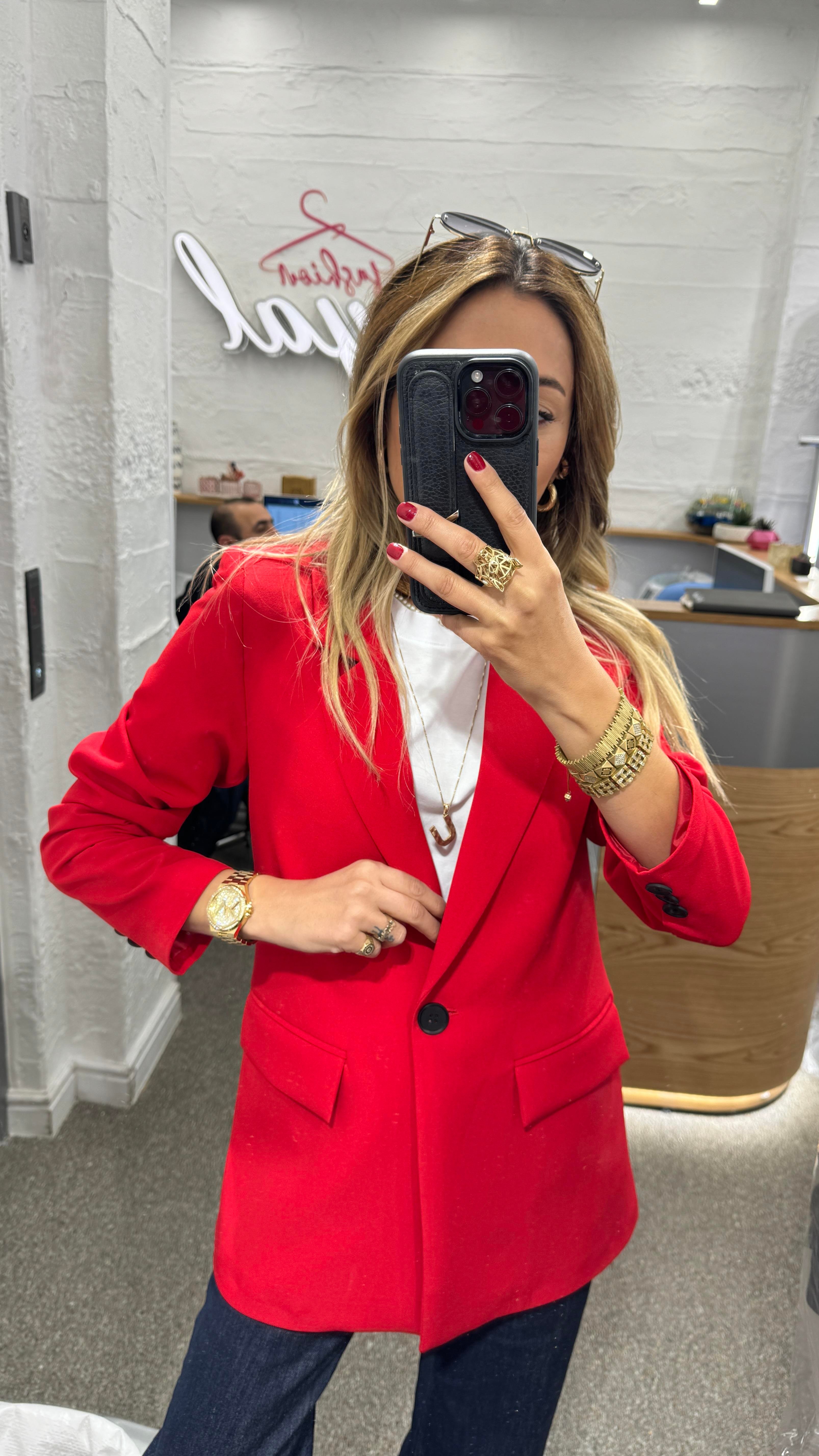 Tek Düğme Kapak Cepli Kırmızı Blazer Ceket CEKET