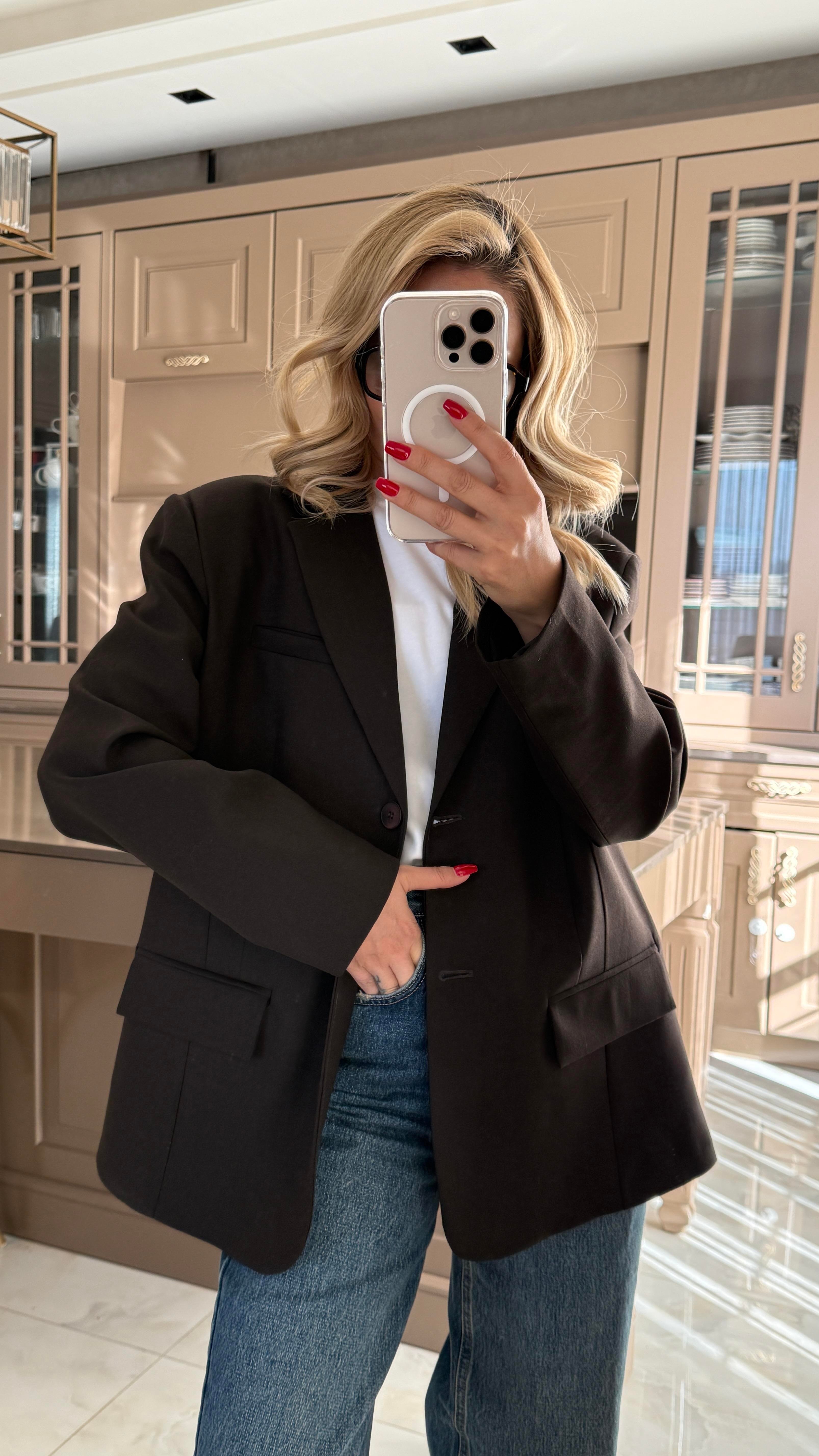 Tek Düğme Kapak Cepli Koyu Kahve Blazer Ceket CEKET