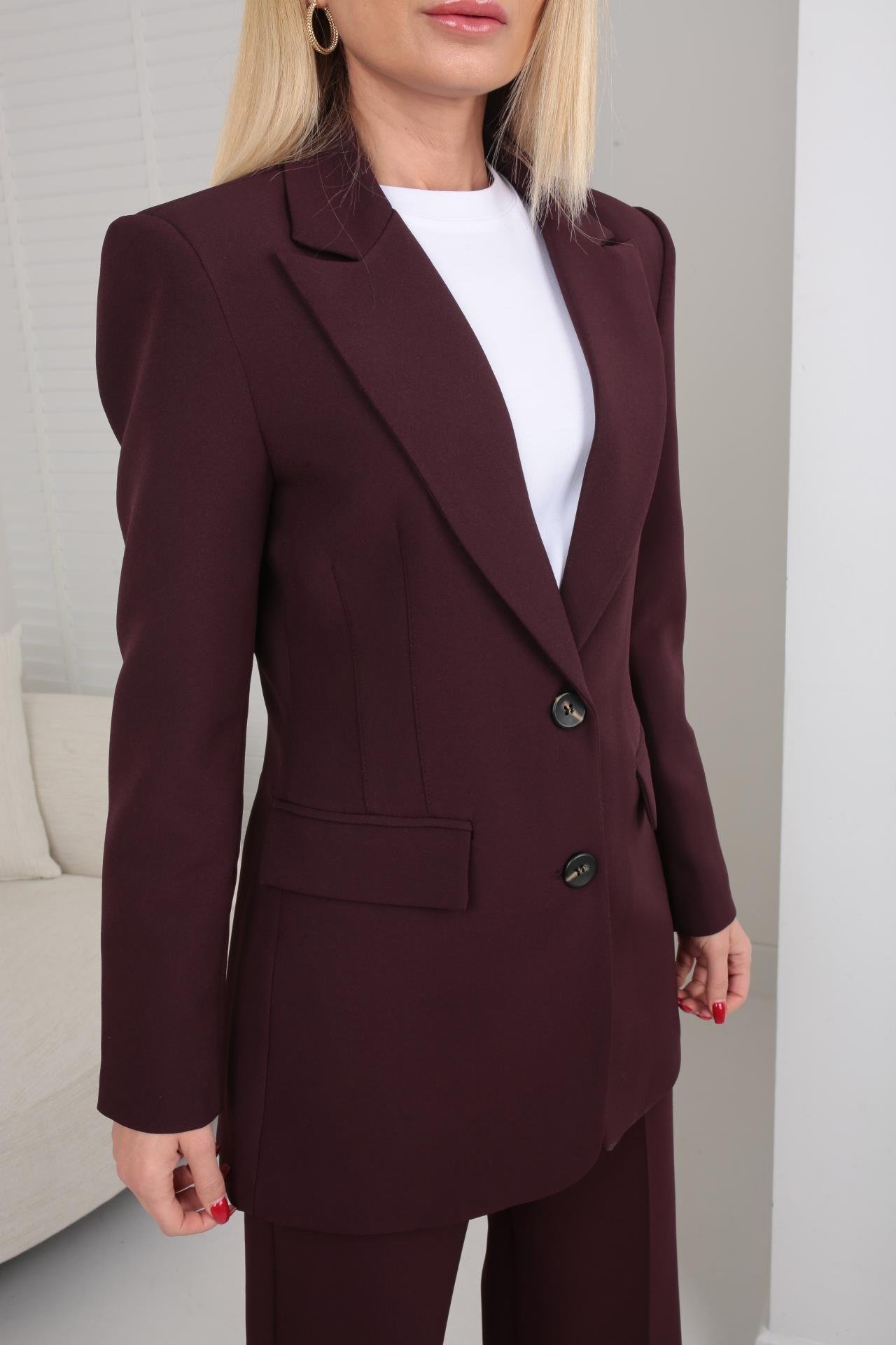 Tek Düğme Kapak Cepli Koyu Mürdüm Blazer CEKET