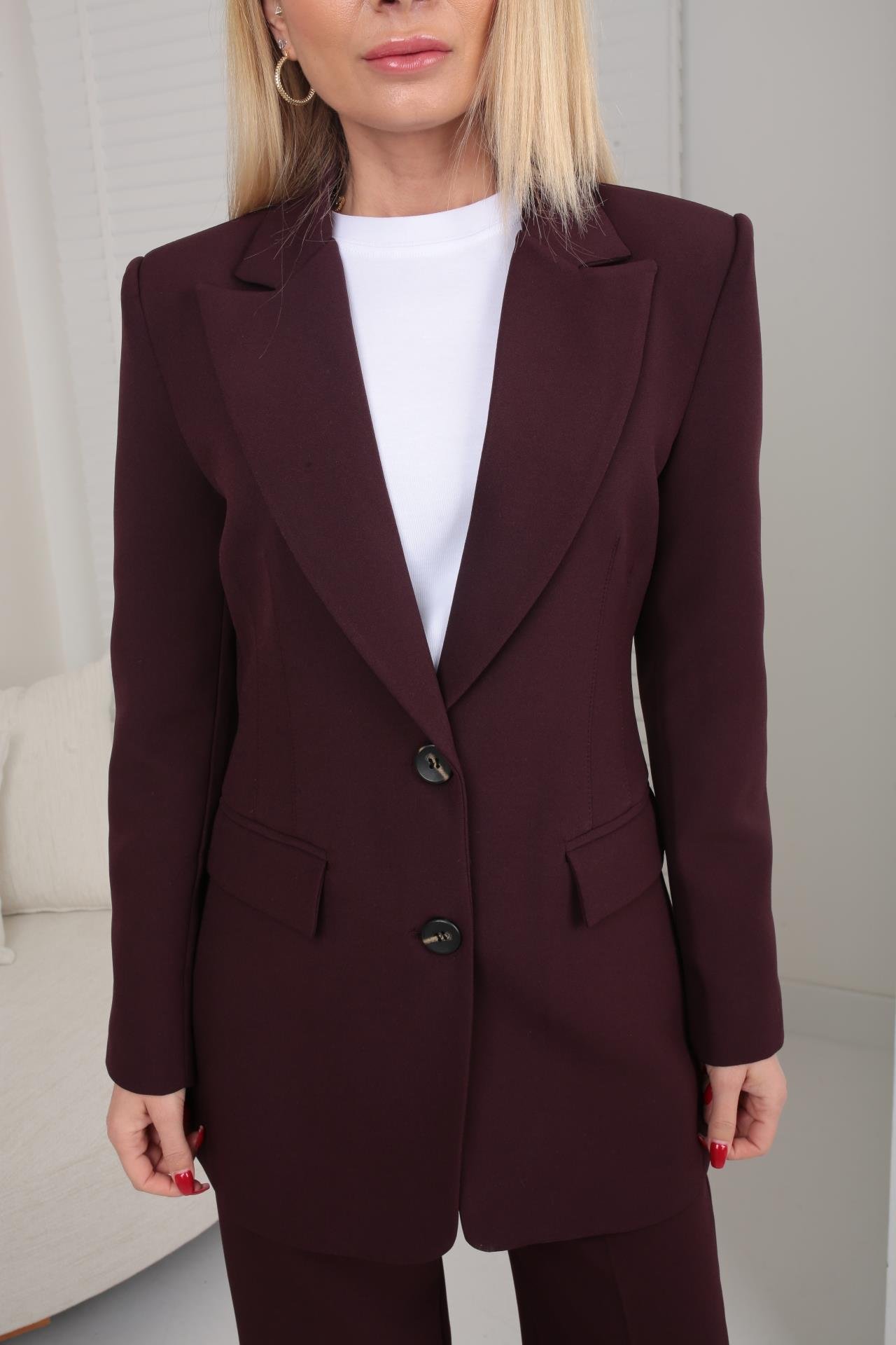 Tek Düğme Kapak Cepli Koyu Mürdüm Blazer CEKET