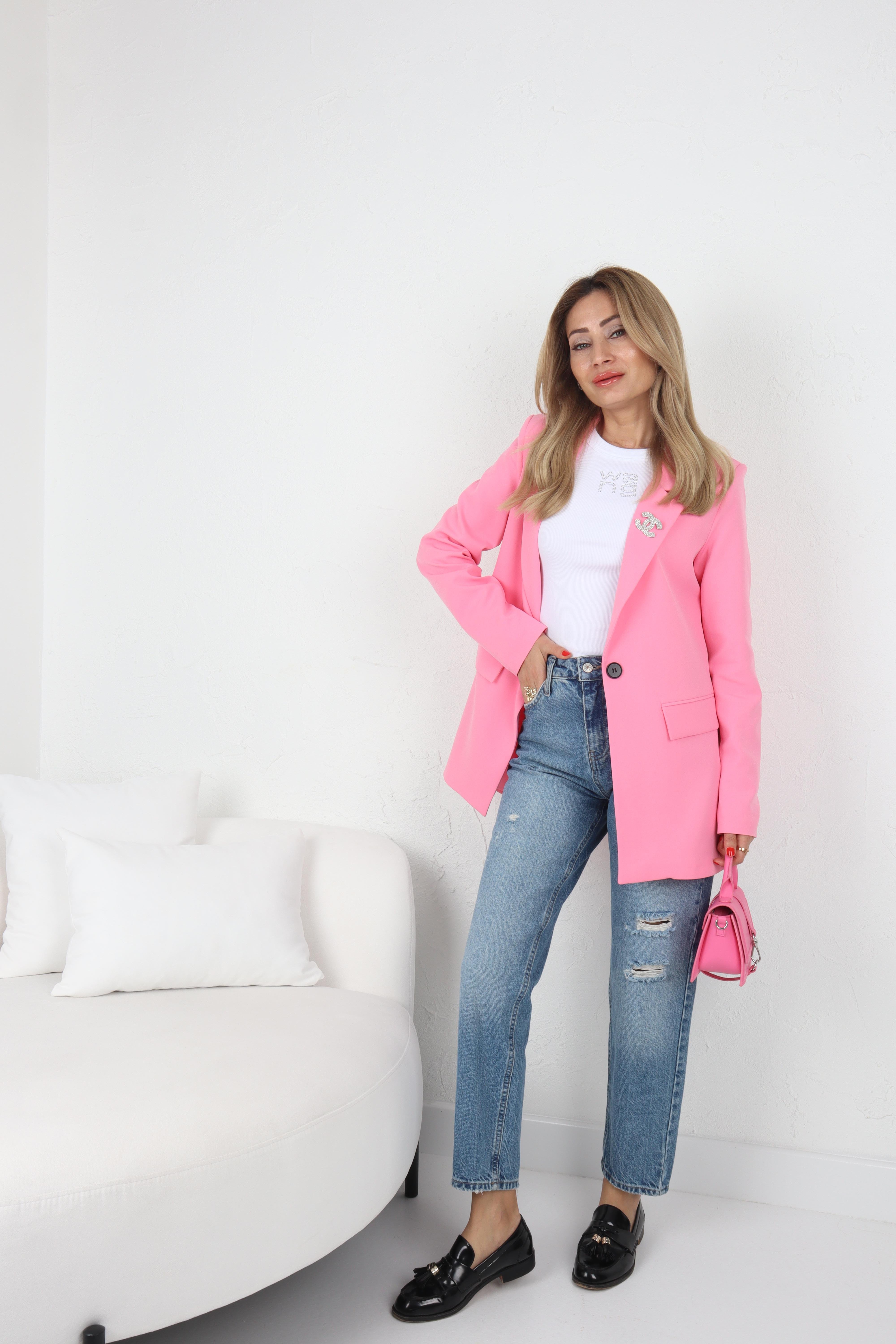 Tek Düğme Kapak Cepli Pembe Blazer Ceket CEKET