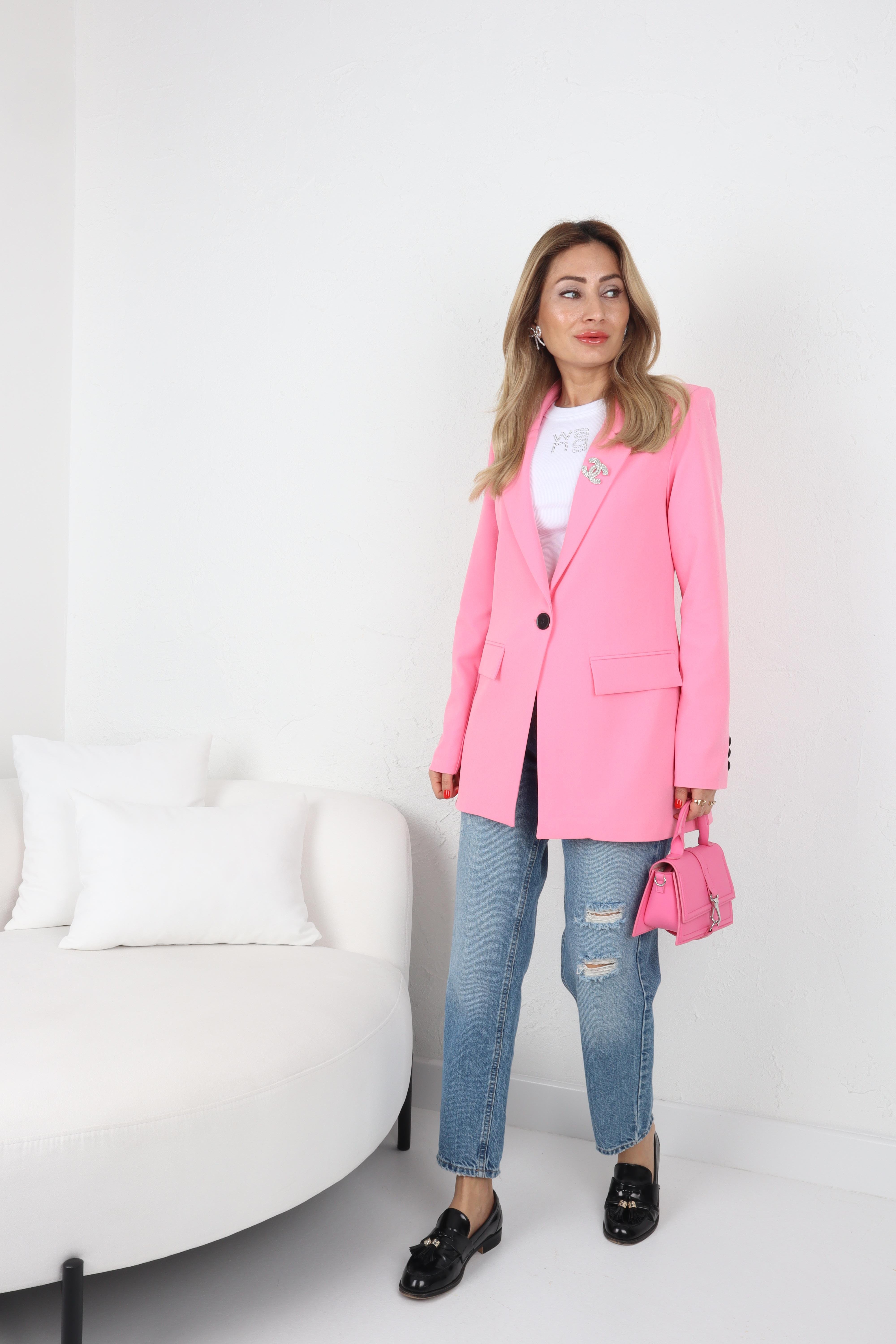 Tek Düğme Kapak Cepli Pembe Blazer Ceket CEKET