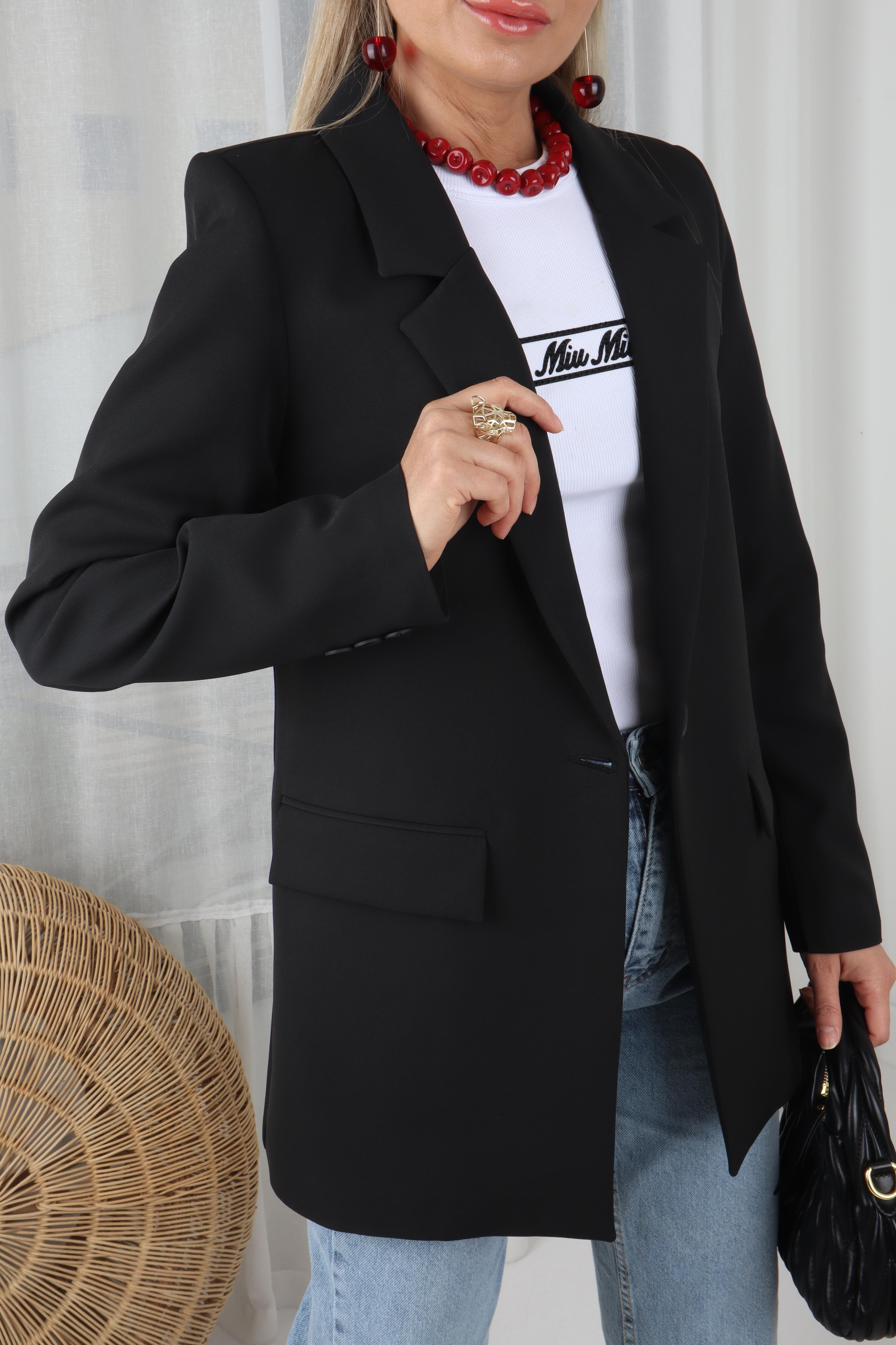 Tek Düğme Kapak Cepli Siyah Blazer Ceket CEKET