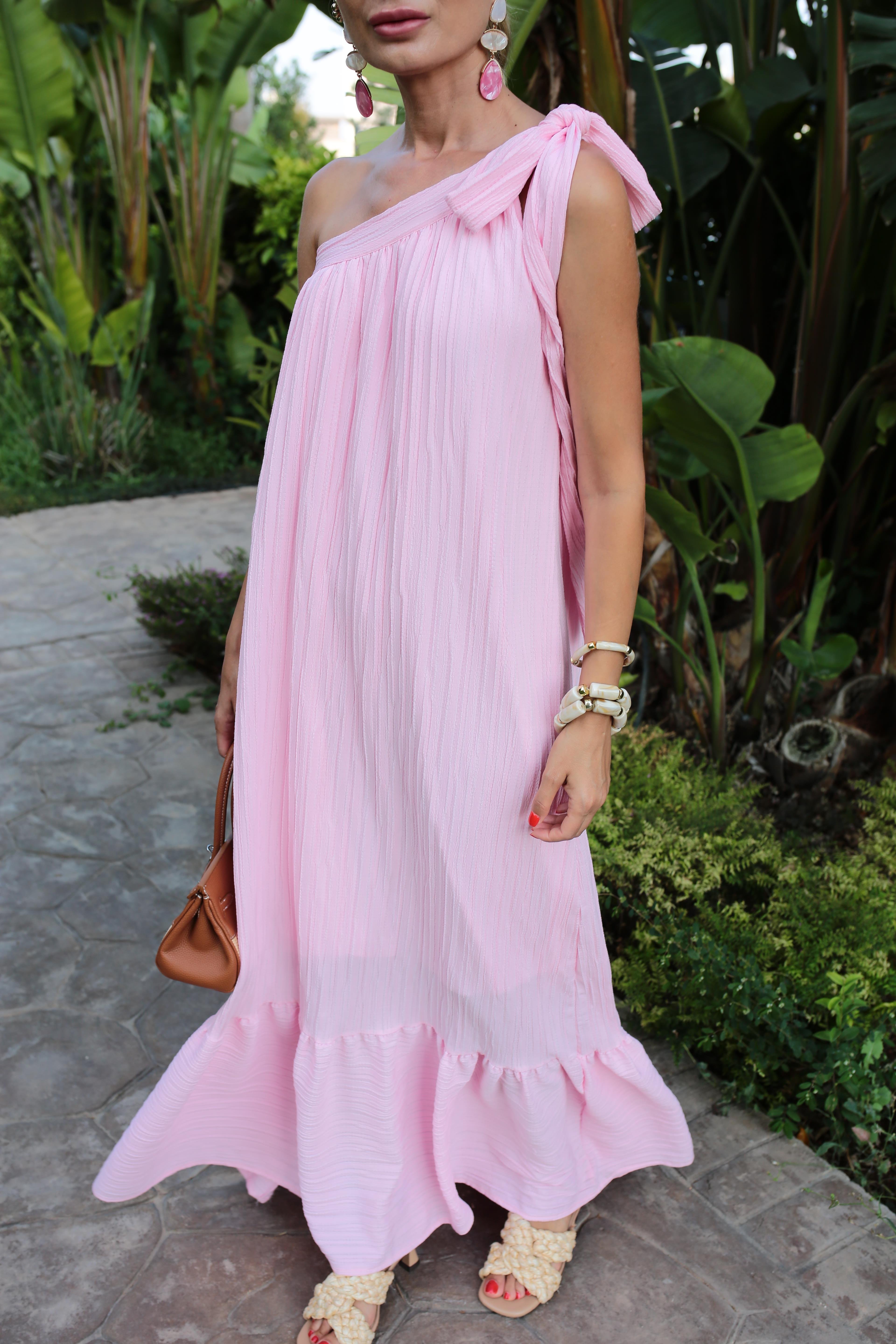 Tek Omuz Bağlı Pembe Kraşlı Elbise ELBİSE | NO33