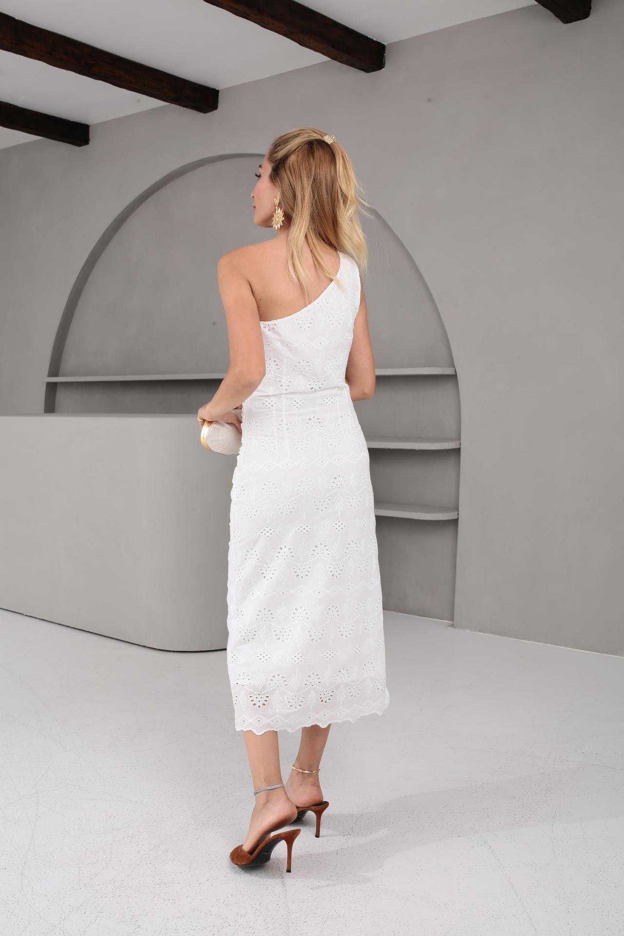 Tek Omuz Drapeli Güpür Elbise ELBİSE | NO33