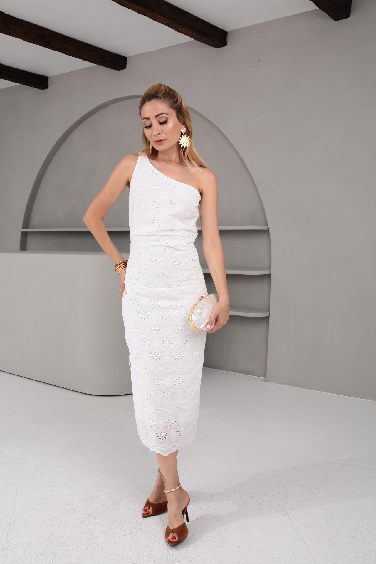 Tek Omuz Drapeli Güpür Elbise ELBİSE | NO33