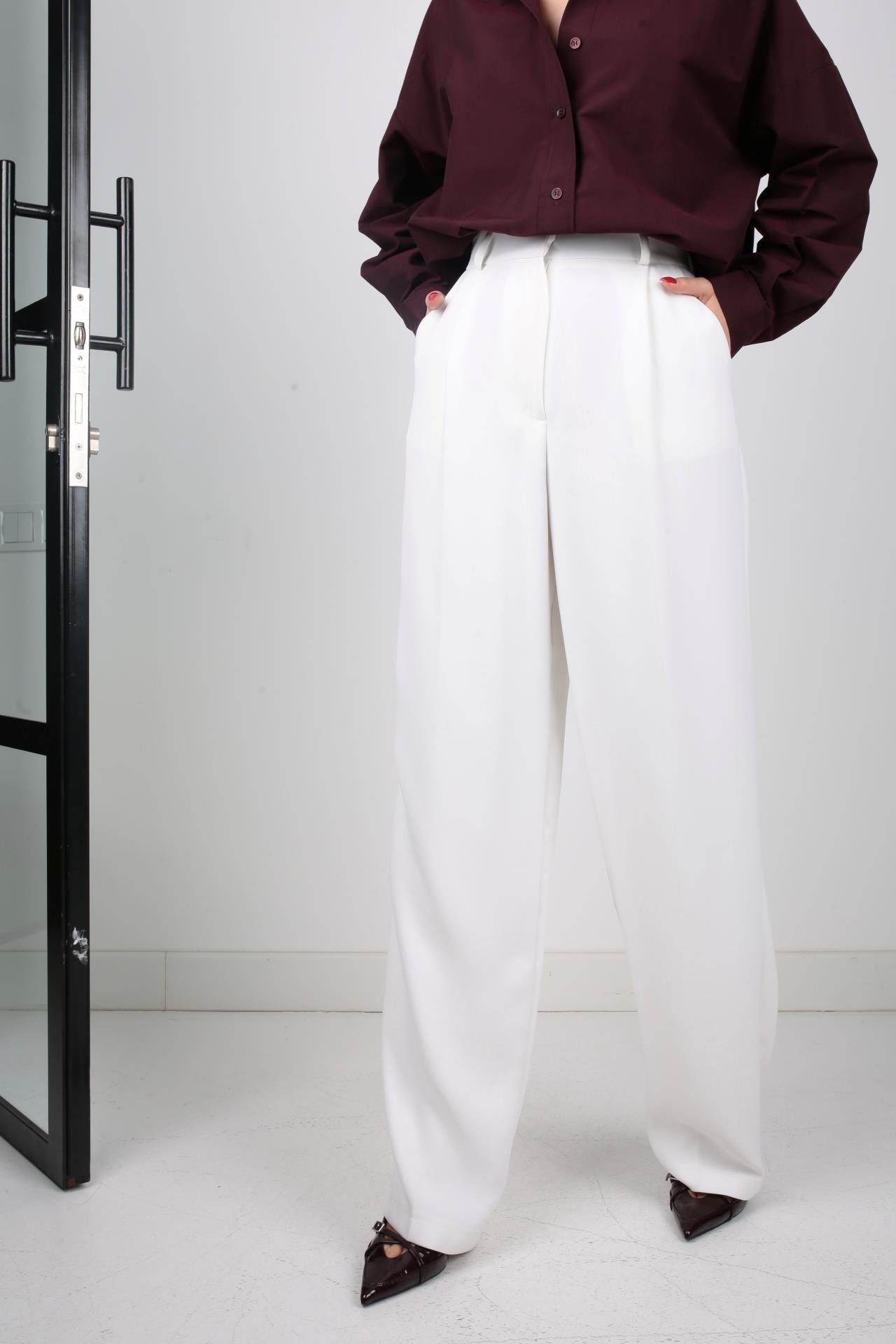 Tek Pile Beyaz Palazzo Pantolon PANTOLON