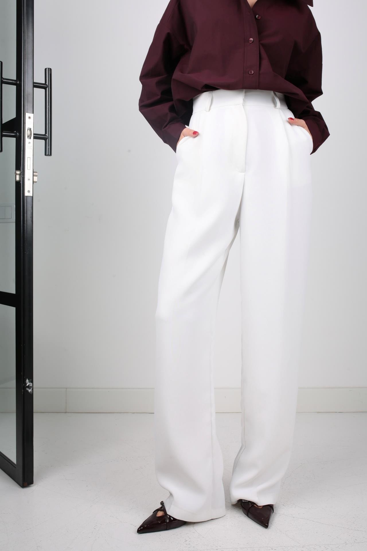 Tek Pile Beyaz Palazzo Pantolon PANTOLON