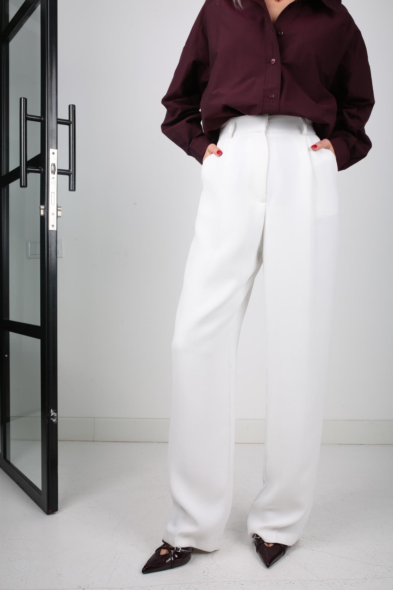 Tek Pile Beyaz Palazzo Pantolon PANTOLON